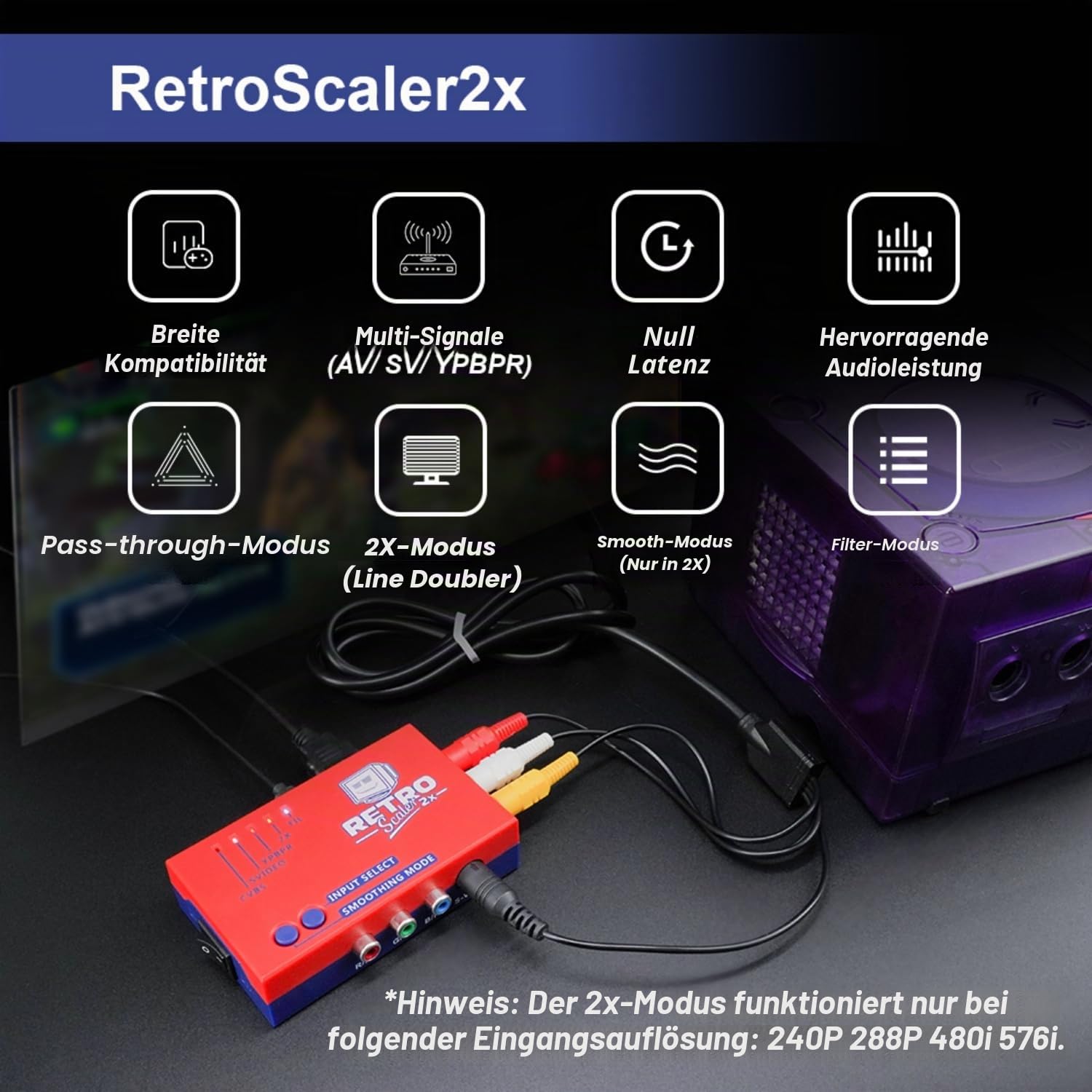 BITFUNX RetroScaler A/V zu HDMI Konverter für Retro-Spielekonsole, unterstützt 2 Line Duplikator und Filter/Schritt, Videospieladapter ohne Verzögerung, für