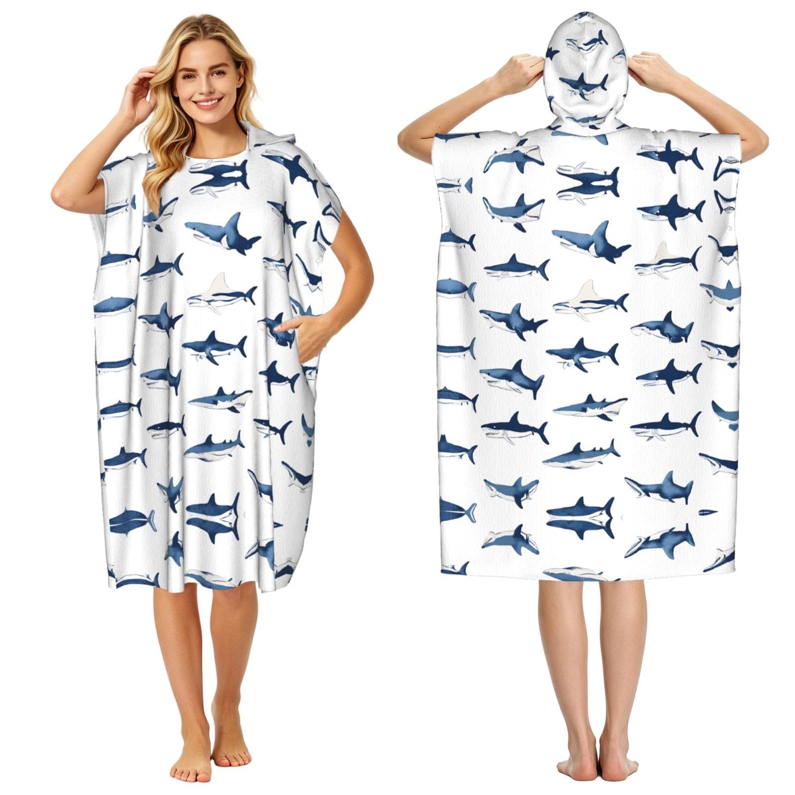 ESNAIUVCD Sharks Print Changing Robe, Hooded Towel Poncho For Swimming Pool, Beach,Quick Dry & Light Weight Towelling Poncho For Adults Women Men
