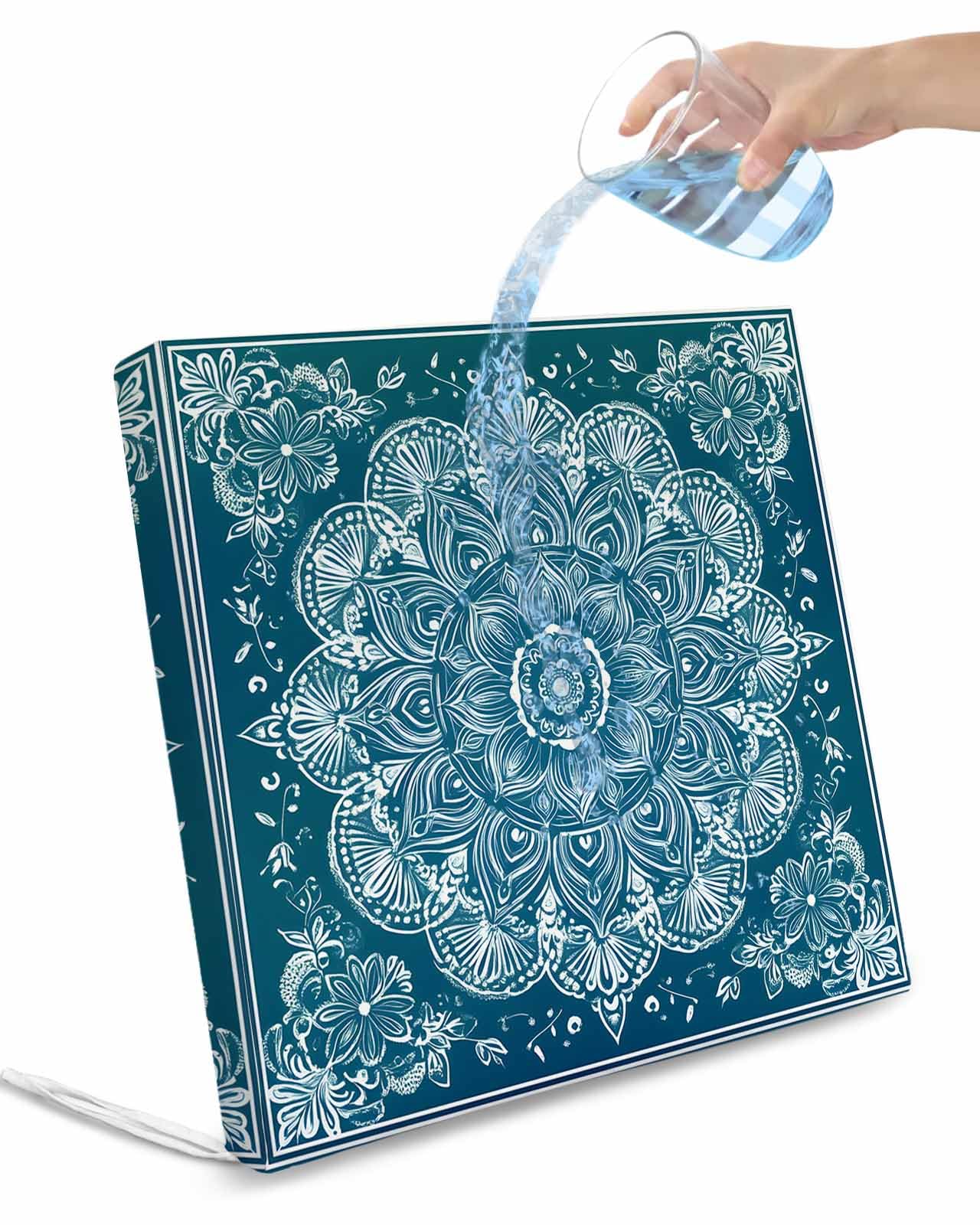 Hokiten Teal Boho Floral Outdoor Cushion Chair Cover Set of 4 - Waterproof Couch Seat Covers, Farmhouse Ethnic Tribal Abstract Art Patio Furniture Protector Cushions Slipcovers for Sofa/RV, 24