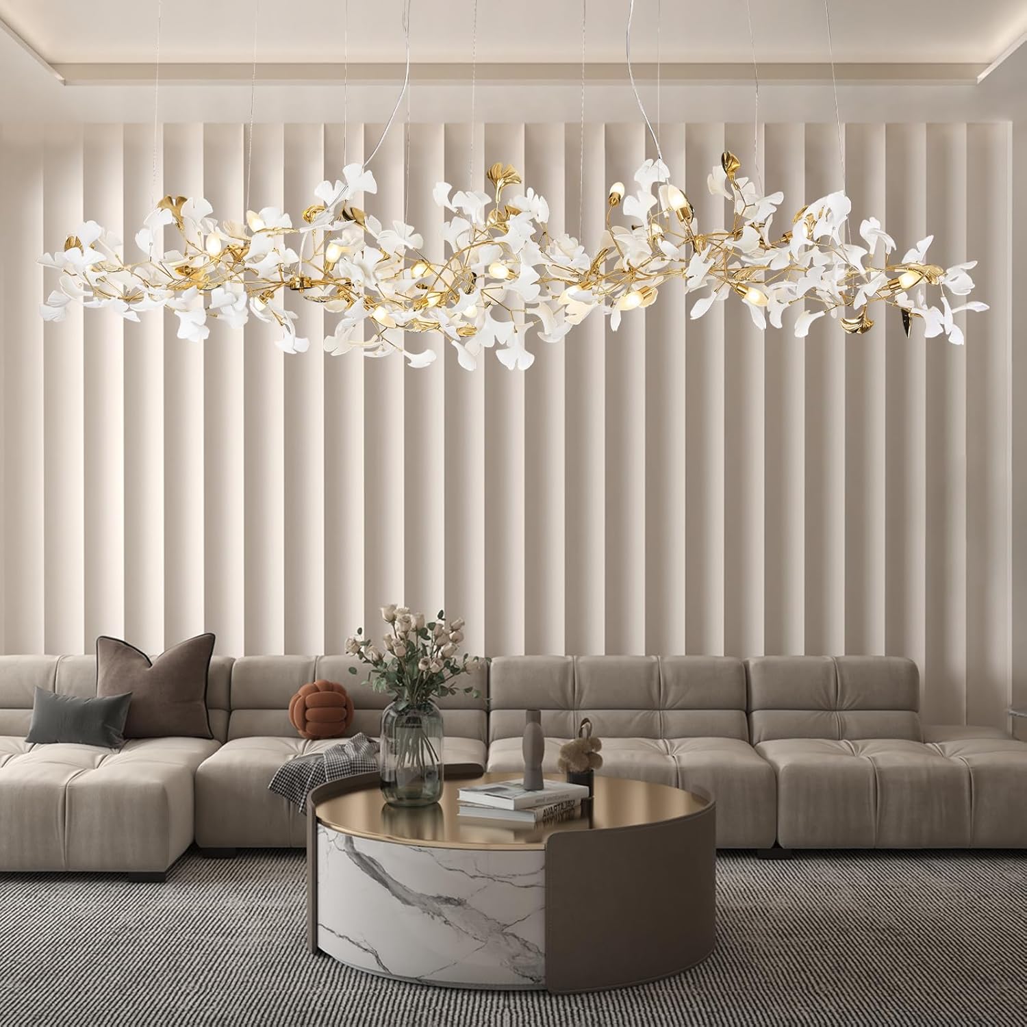 L98.42 Large Modern Chandelier for Entryway, 20-Light Gold Tree Branch Chandeliers, Luxury Ceramic Ginkgo Ceiling Light Fixtures, Hanging Brass Chandelier for Dining Room, Living Room