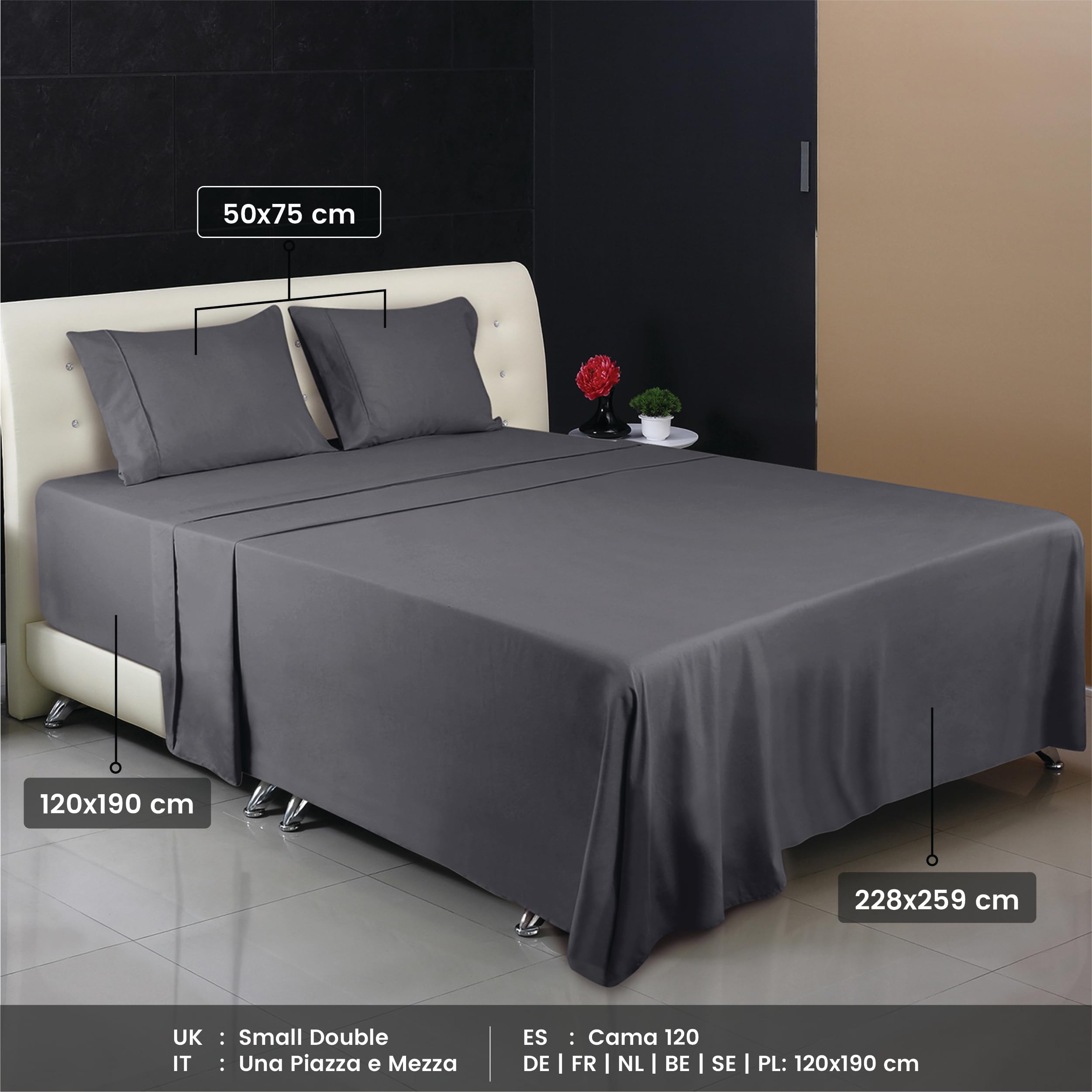 Utopia Bedding - Set Lenzuola Una Piazza e Mezza 4 Pezzi 120x190 cm - Set Lenzuola Letto, Spazzolata Poliestre di Microfibra - Lenzuolo con Angoli, Lenzuolo Piatto e 2 Federe 50x75, Grigio