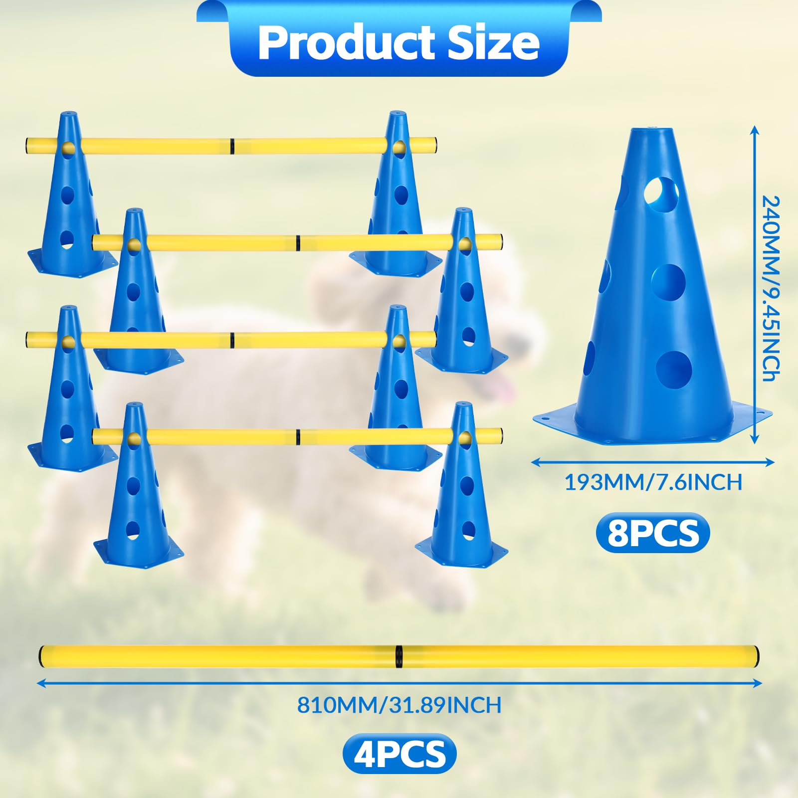 Juego de Agilidad para Perros, 8 Conos (24cm) + 4 Barras (81cm), Juego de Obstáculos Niños, Set de Obstáculos Ajustable en Altura para Entrenamiento Canino, Fútbol y Coordinación