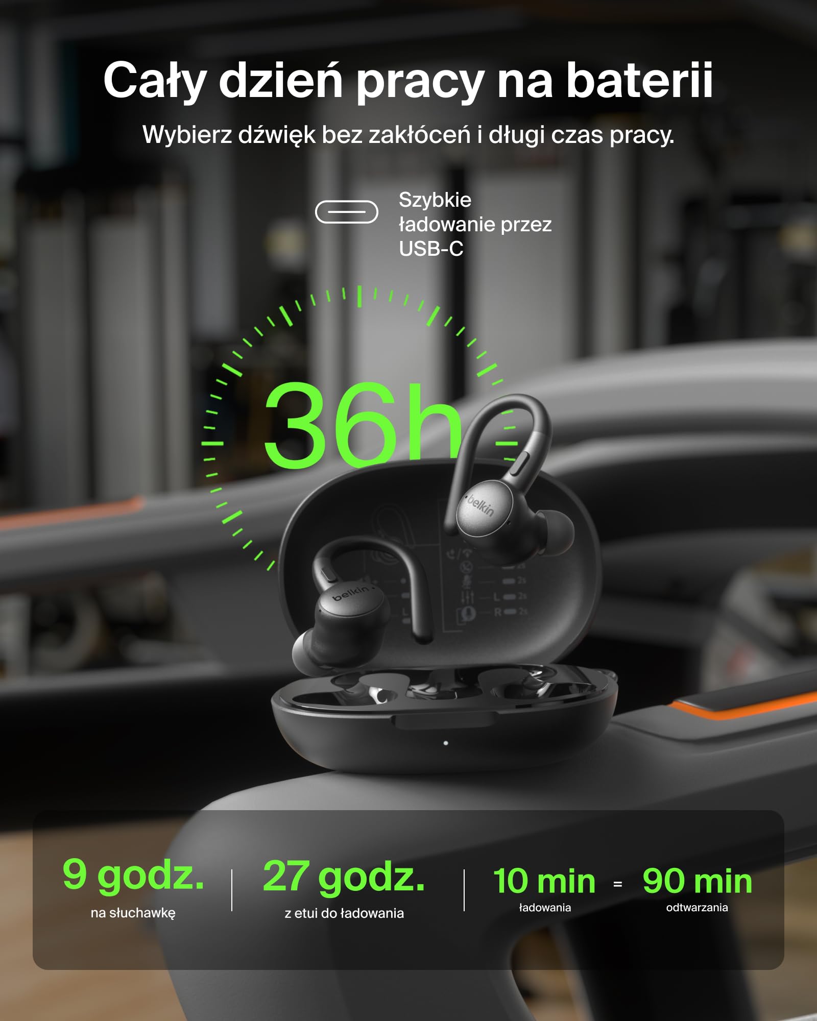 Belkin SoundForm ActiveFit Słuchawki Bezprzewodowe z Mikrofonem, Szybkie Ładowanie USB-C, 36 Godz. Pracy na Baterii, Wodoodporność IP54, Bluetooth – do Urządzeń iPhone, iPad, Galaxy, Pixel – Czarne