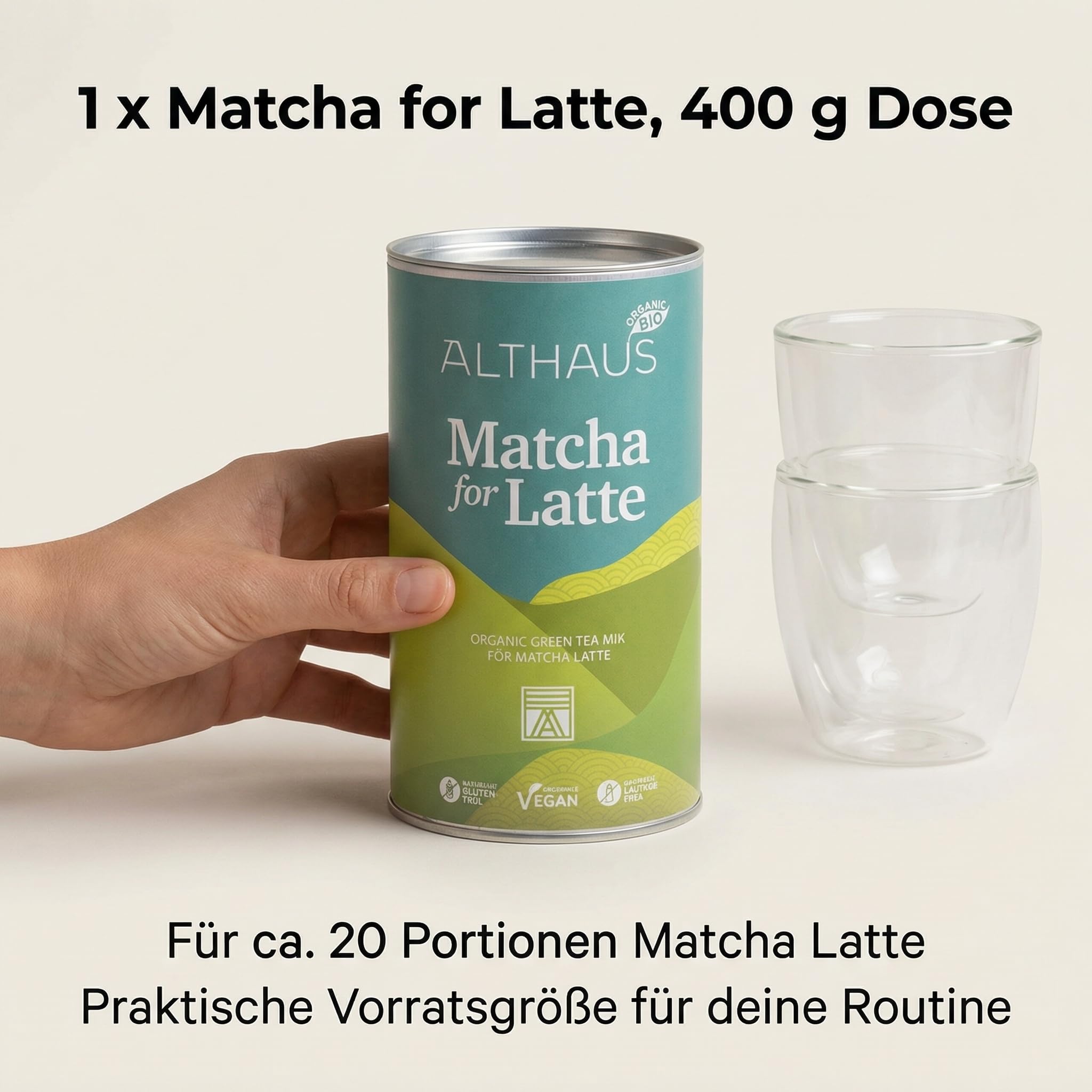 ALTHAUS Matcha Latte Pulver, Bio Grüntee-Mischung mit Rohrohrzucker, vegan glutenfrei laktosefrei, 400 g Dose, ca. 20 Portionen, mild-süßer Geschmack, schneller Genuss heiß oder kalt