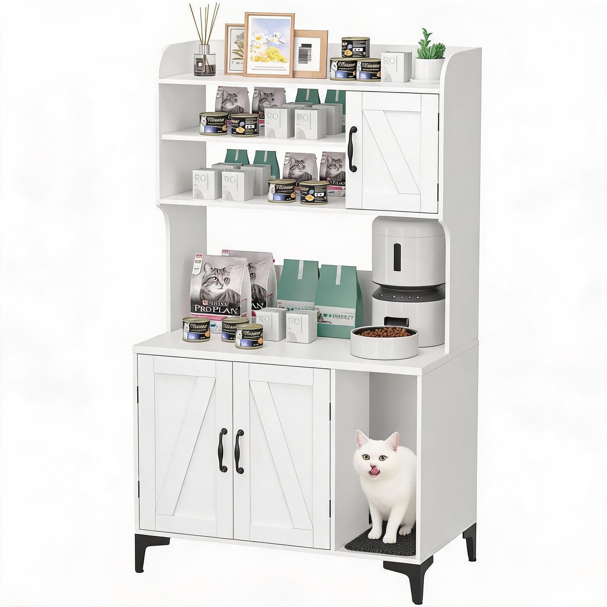 GarveeHome Contemporary Hidden Cat Litter Box Furniture, Enclosed Cat Washroom Cabinet with Sturdy Shelf Storage, Modern Grey and White Indoor Cat House, Blends with Home Decor