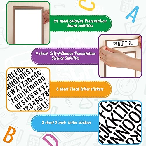 Miniatura 64 de PerKoop 36 hojas de tableros de póster de la feria de ciencias, 24 subtítulos de presentación autoadhesivos, 4 títulos de proyectos de feria