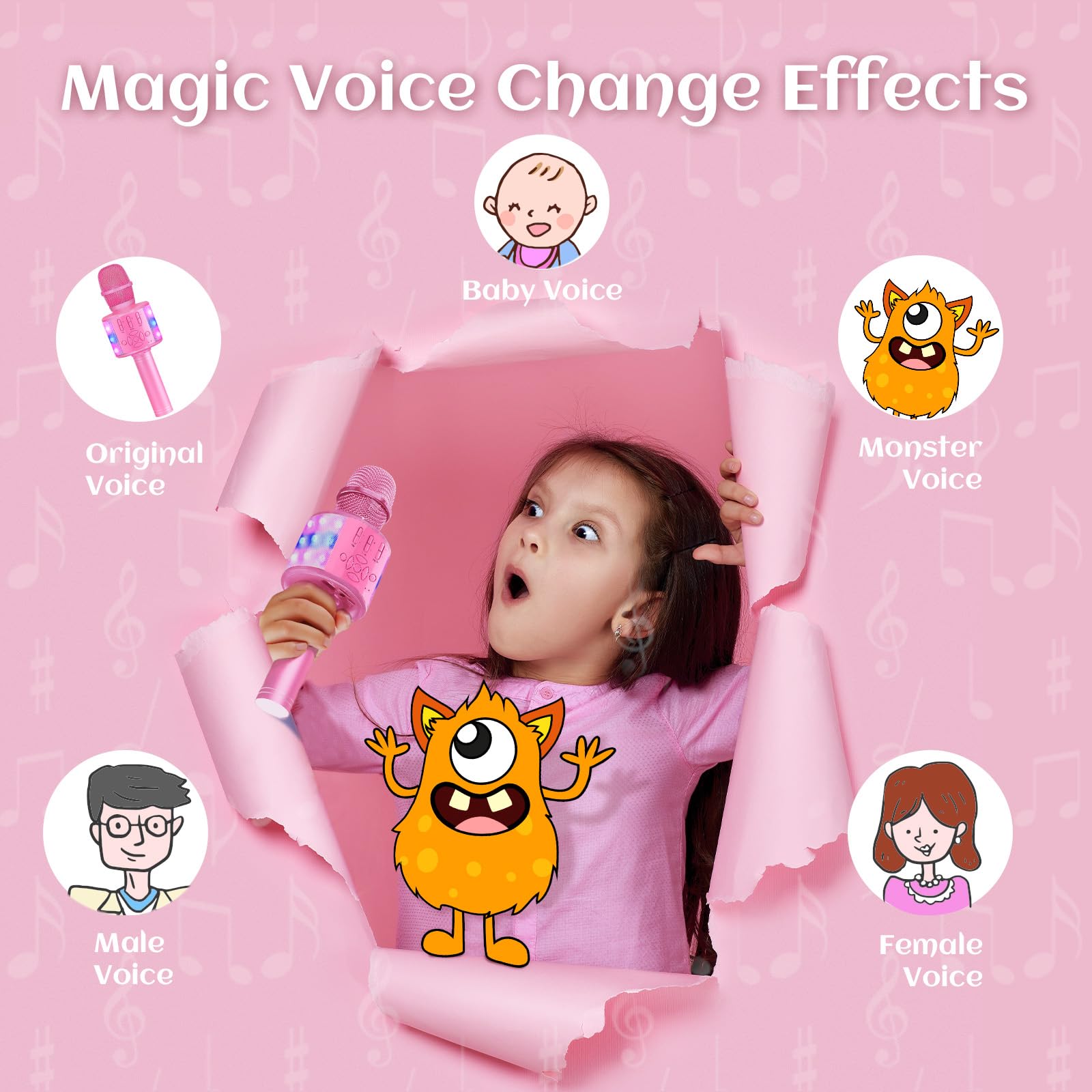 Microfono Cambia Voce Magica, Microfono per Karaoke con Suono Magico BONAOK, Macchina per Karaoke Bluetooth Senza Fili 4 in 1, Macchina per Cantare per Adulti, per Feste/Esterni/Viaggi (Rosa)