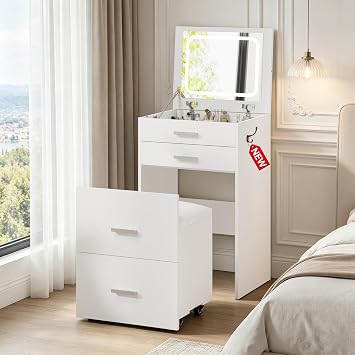 Airynee 3 in 1 Vanity Desk with Flip Top Mirror and Lights, Small Makeup Vanity Table with 3 Drawers & Cushioned Stool, Compact Dressing Table Set for Bedroom Small Space, Newly Upgraded,White