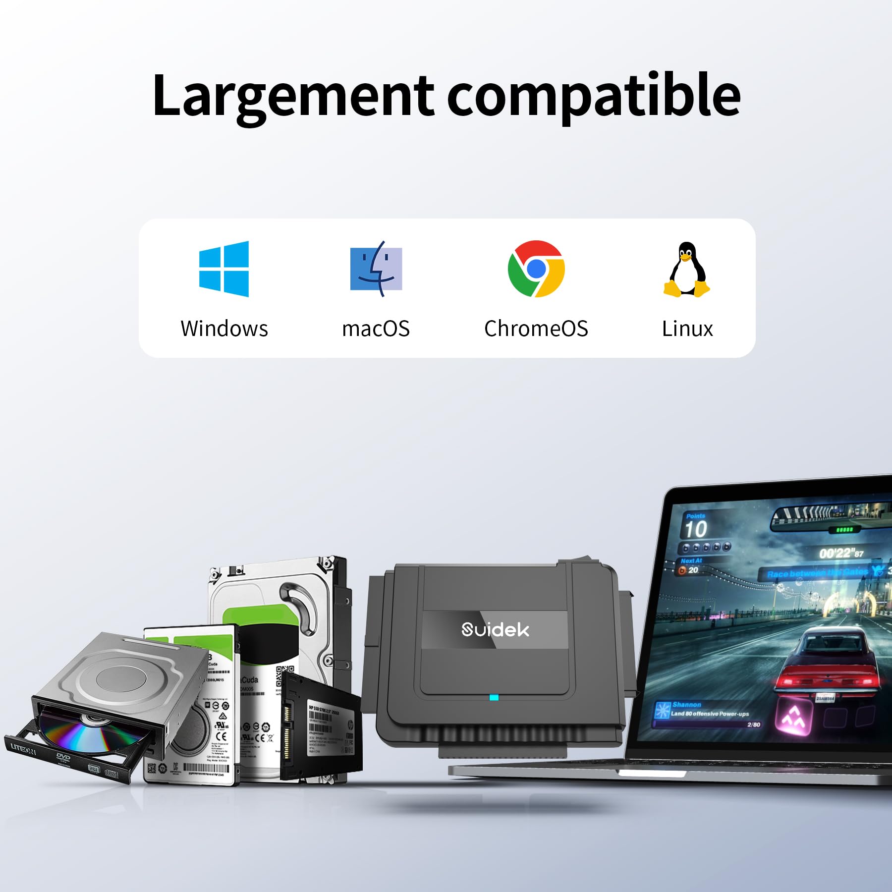 SUIDEK Convertisseur USB 3.0 vers SATA - Lecteur de Disque Dur Externe SATA vers IDE pour Disque Dur HDD/SSD 2,5"/3,5", Adaptateur IDE vers USB C Compatible avec Lecteur Optique