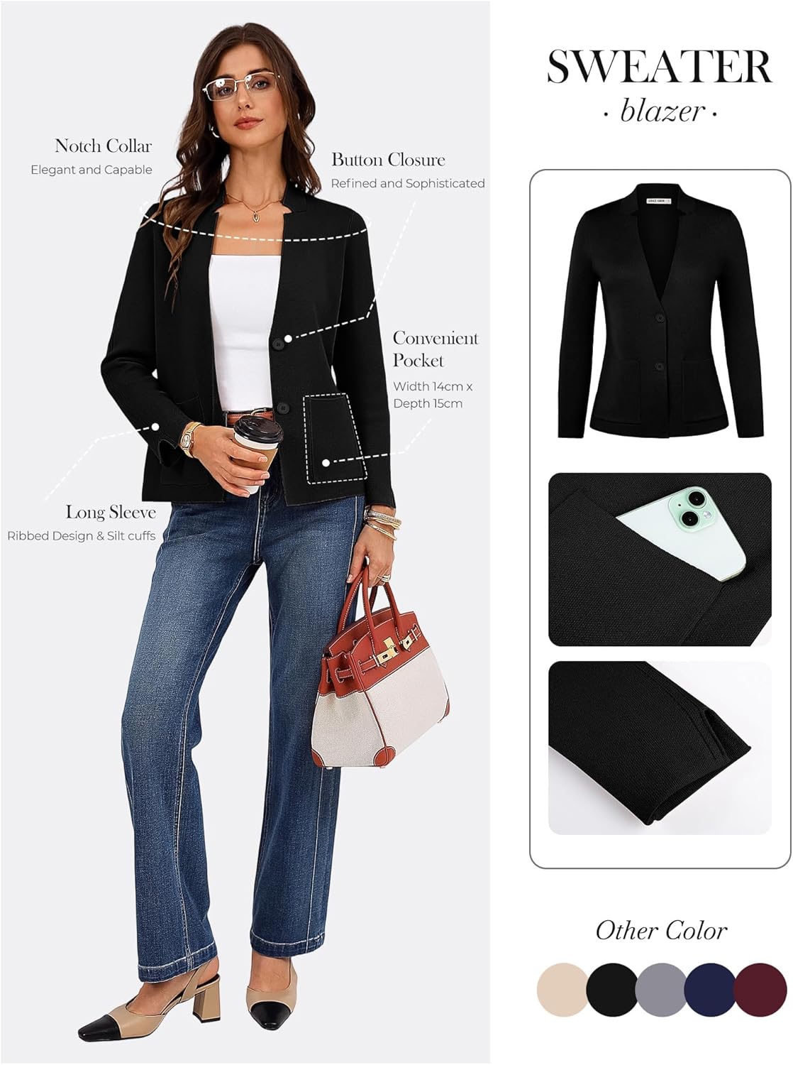 GRACE KARIN Women Sweater Blazer Business Casual Knit Cardigan 2026 Long Sleeve Suit Jackets Work Blazers with Pockets - Image 2