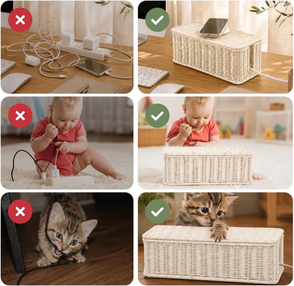 Cable Management Box, Handmade Rattan Cord Organizer for Power Strip