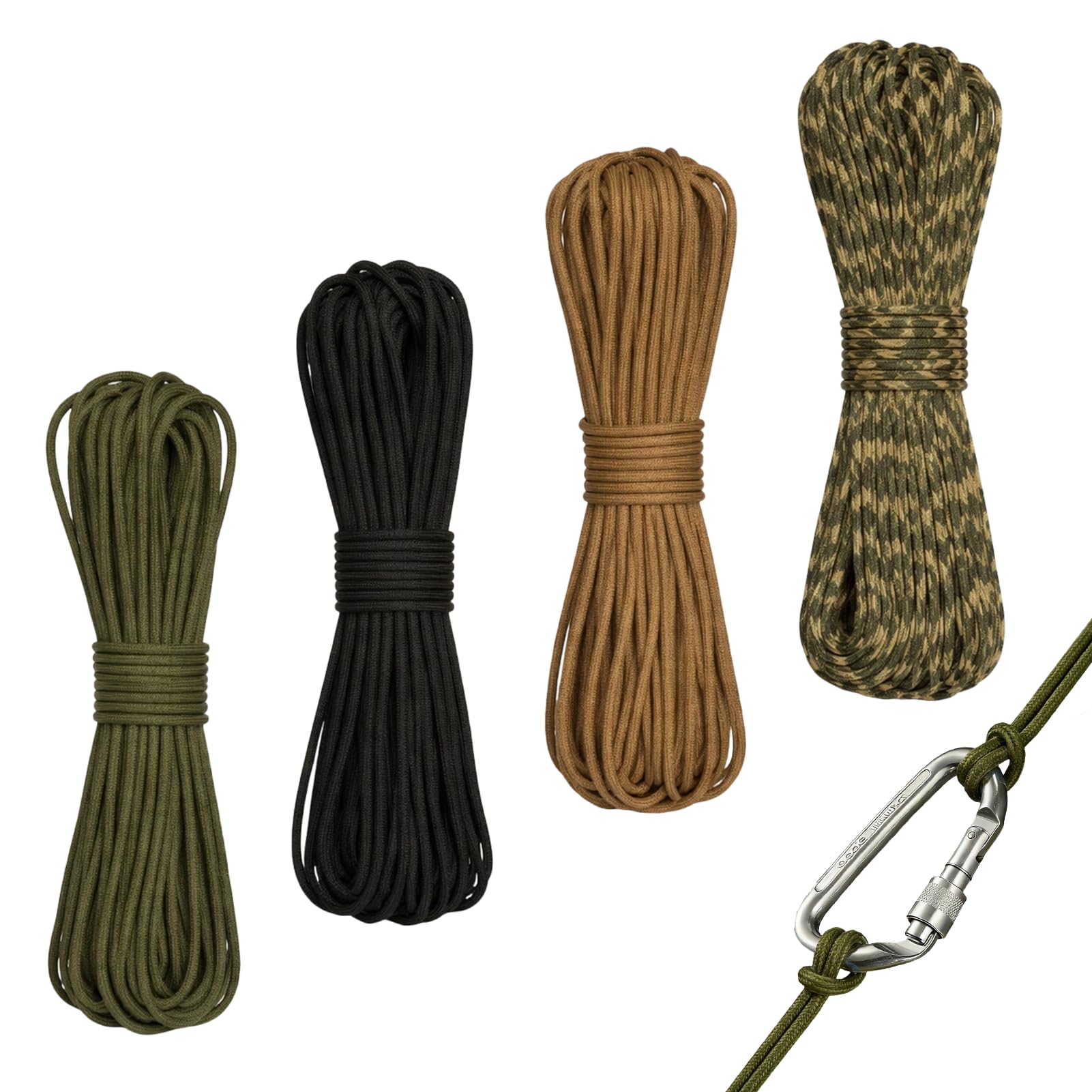 4 Piezas 8 Metros Paracord Cuerda de Nailon Paracaídas Diámetro 4mm, Cuerda Resistente con 7 Hilos de Nylon 100%, Capacidad de Carga, Ideal para Camping, Escalada y Pulseras Paracord