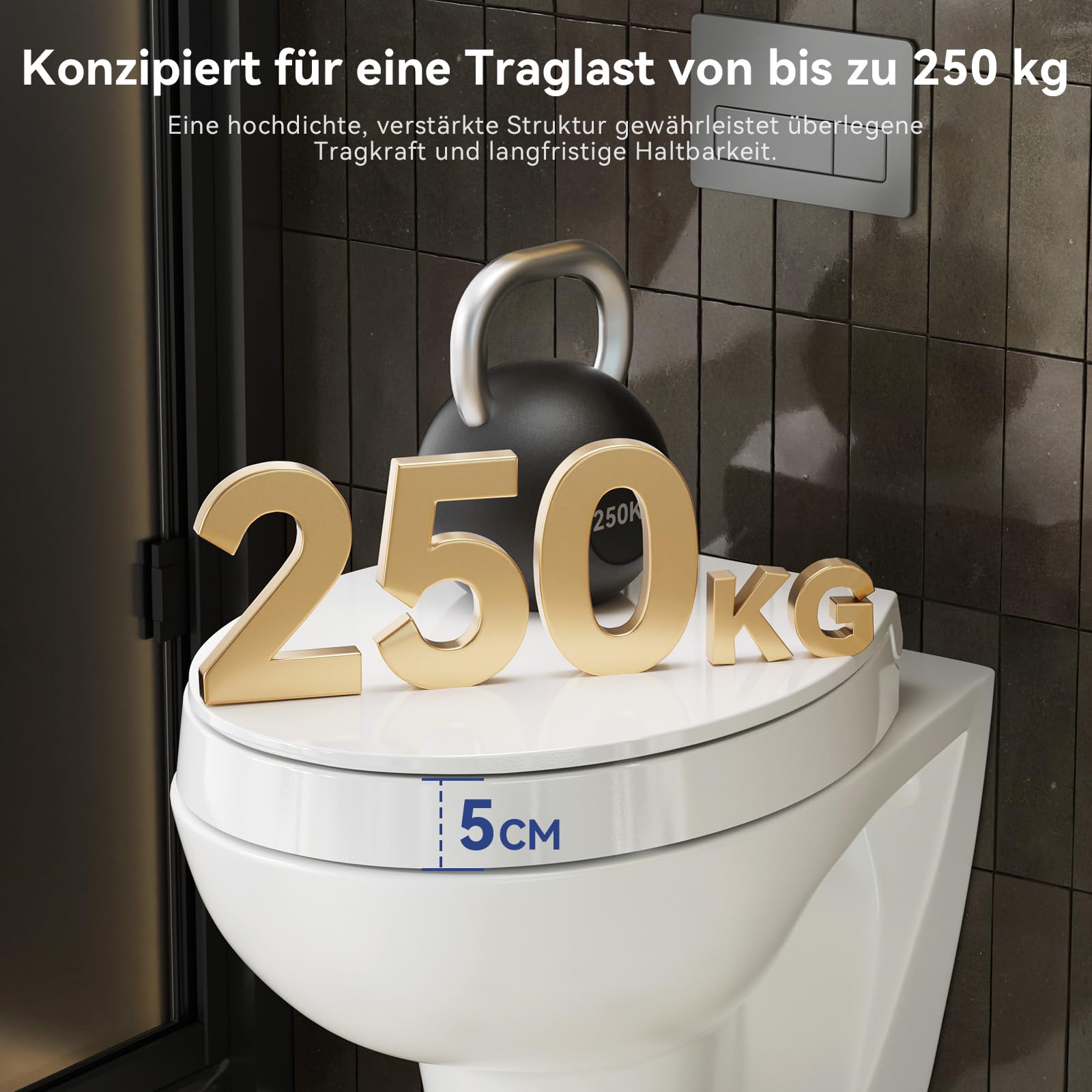 CECIPA Deska sedesowa podwyższona 5 cm – deska sedesowa z duroplastu wolnoopadająca, obciążenie do 250 kg, ergonomiczna i łatwa do czyszczenia