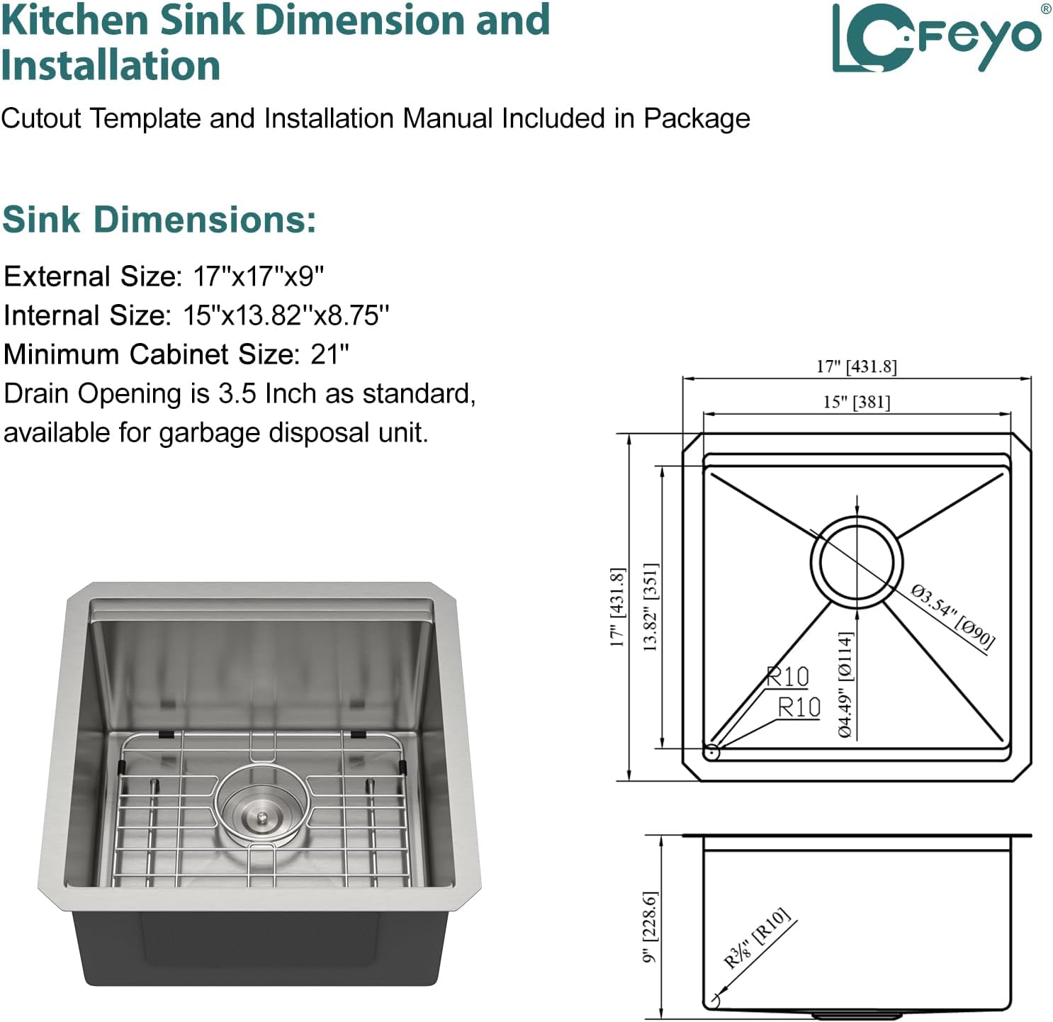 17x17 Inch Undermount Wet Bar Sink Square Workstation Kitchen Sink, Single Bowl 16 Gauge Stainless Steel for RV, Camper Van, Outdoor Kitchen, Basement Bar, or Small Home Kitchen