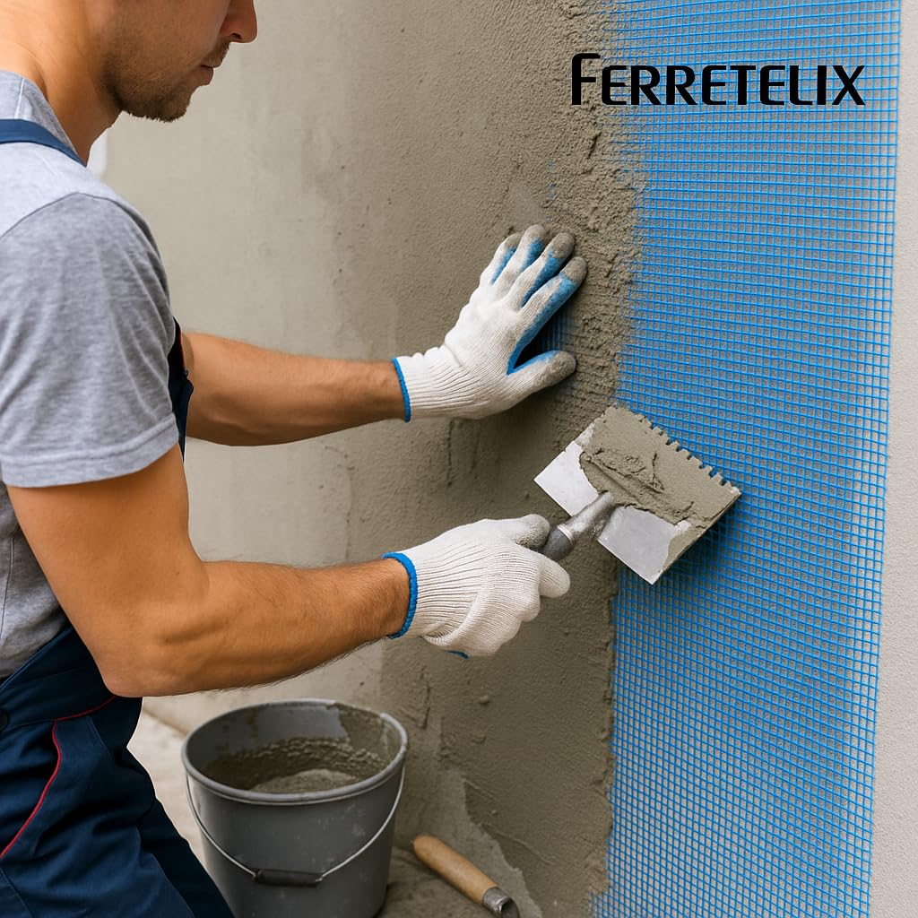 Ferretelix® Malla Fibra de Vidrio para Revocos y Mortero Azul – Rollo 1 m x 50 m – Luz 10x10 mm – Refuerzo para Construcción