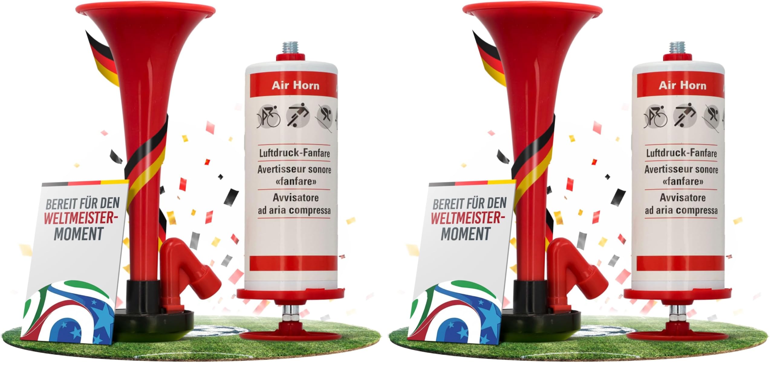 cartrend Fanfare Luftdruck, luftbetriebenes Horn, vielseitige Nutzung als Hupe im Straßenverkehr, Fußballspielen, Partys, rot (Packung mit 2)