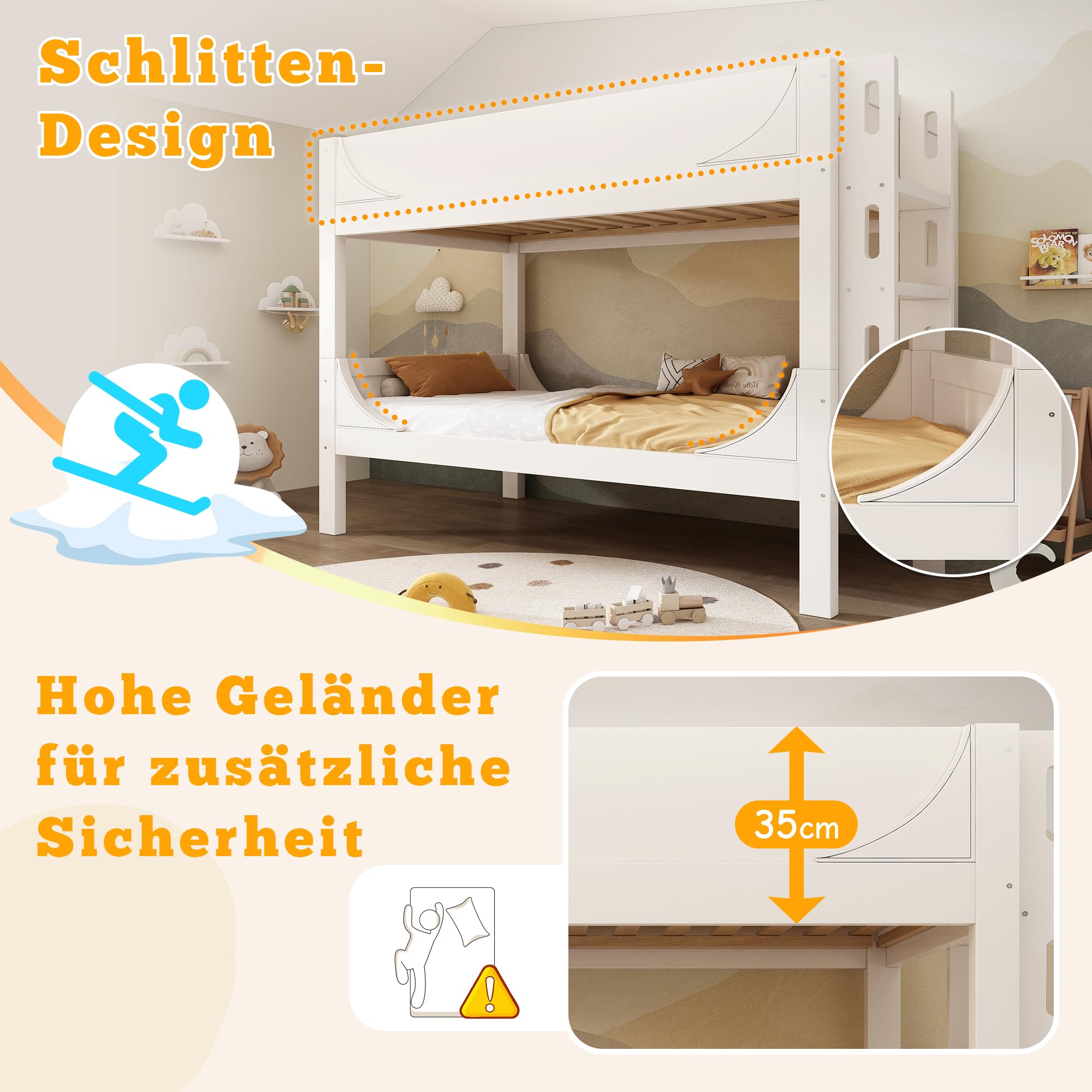 ModernLuxe Trennbares Etagenbett Hochbett 90x200, Kinder Etagenbett mit Leiter am Kopf-/Fußende,aus 1 Bett Werden 2 Einzelbetten, Massivholz, Weiß,ohne Matratze