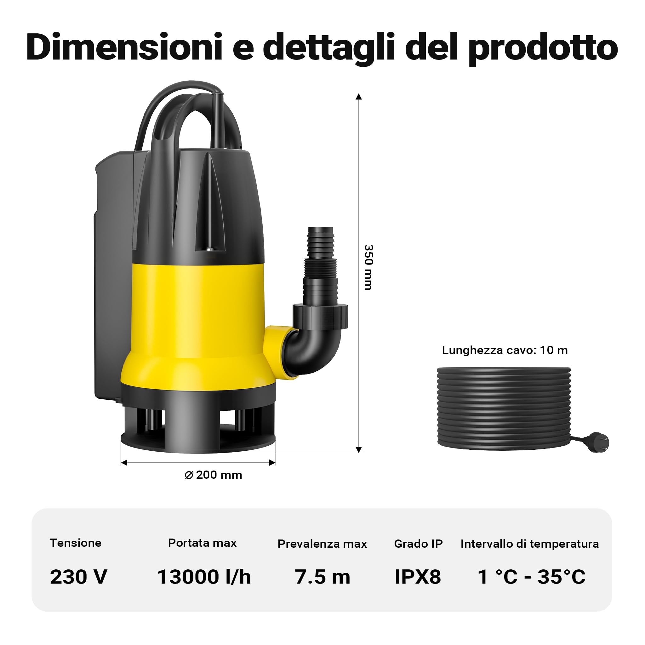 Wiltec Pompa sommersa acque nere 13000 l/h 750 w prevalenza 7,5 m Elettropompa a immersione