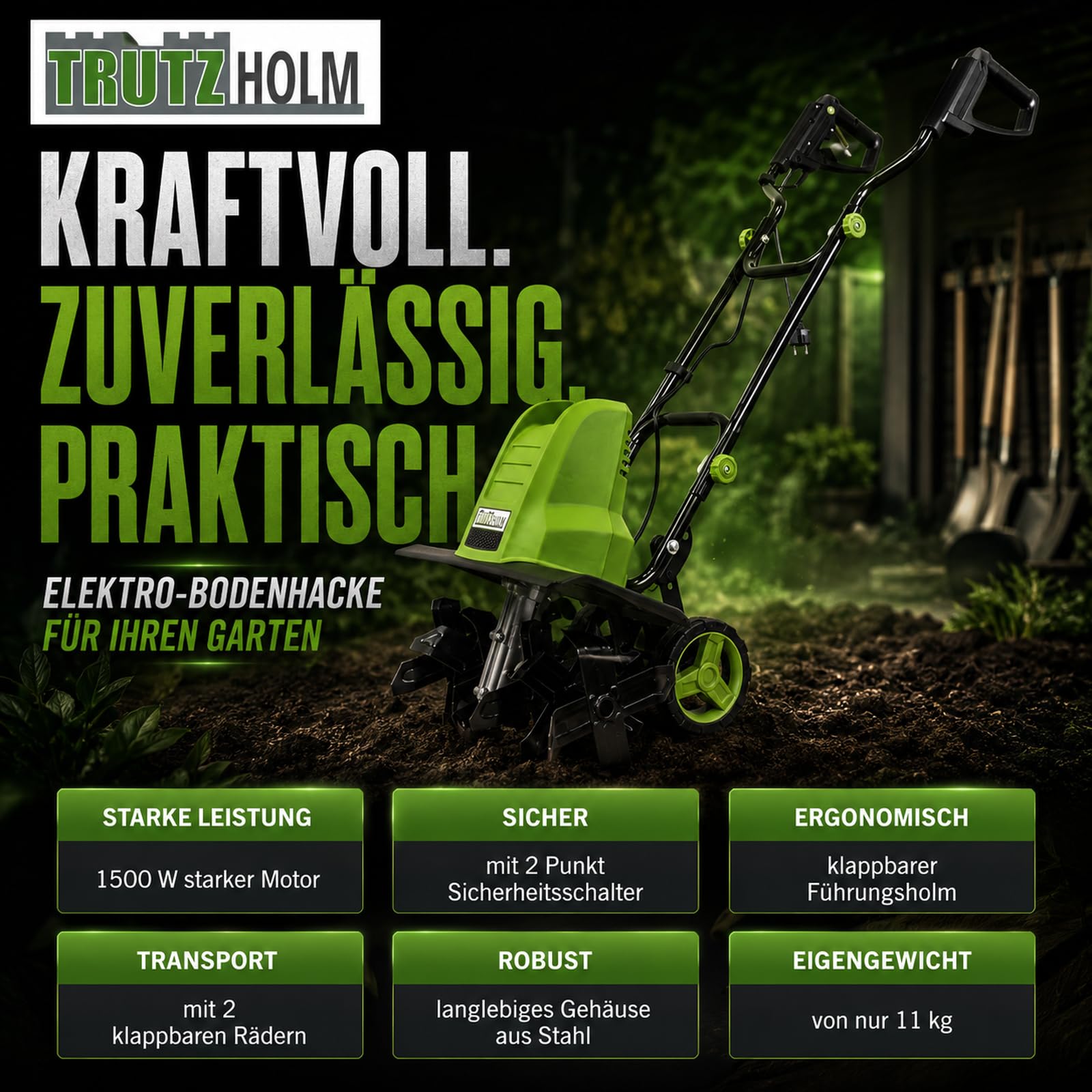 TRUTZHOLM Elektro-Bodenhacke 24 Stahlmesser 45cm breit 22 cm tief 1500W Netzbetrieb Transporträder klappbar Gartenfräse zur Bodenbearbeitung