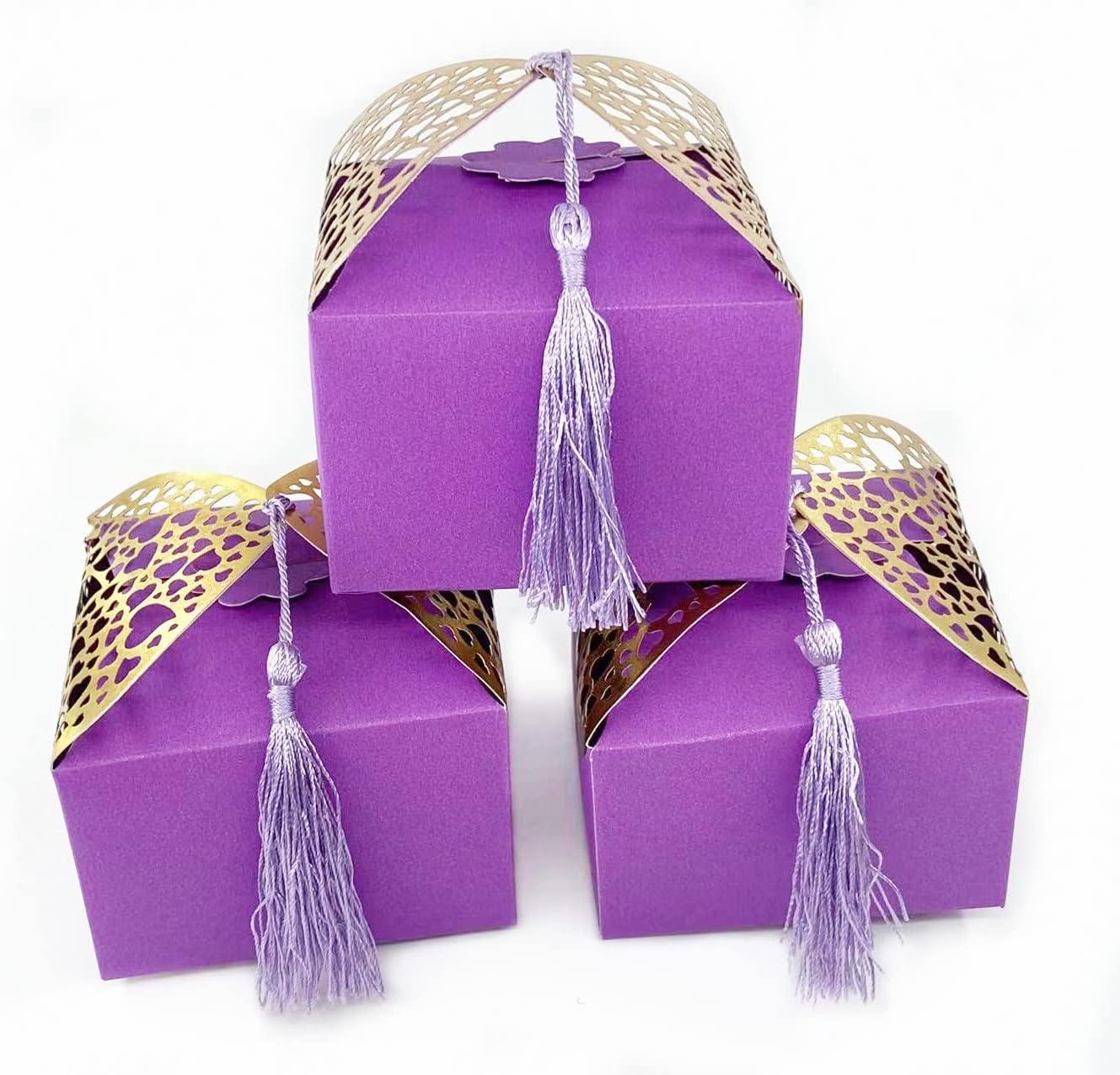 Ruimou 50 Pieces Laser Cut Boxes, Pearlescent Cutout Heart Shape with Tassel DIY Candy Gift Boxes for Bridal Shower Anniversary Wedding Party Decorations (Purple)