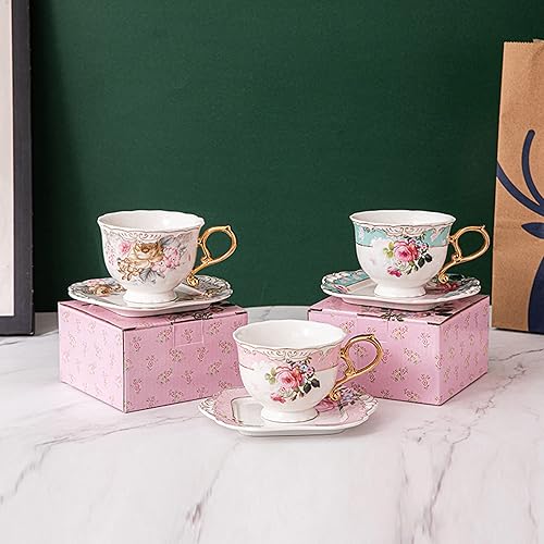 Miniatura 3 de fanquare Juego de taza de té y platillo gris de 7 onzas, taza de café de porcelana floral con mango dorado, platillo cuadrado, cuchara, taza de té