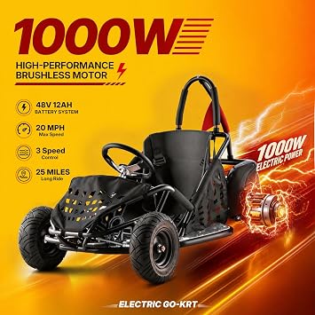 1000W 48V Electric Go Kart, Gokart with Steel Tubular Frame (Pro Black)