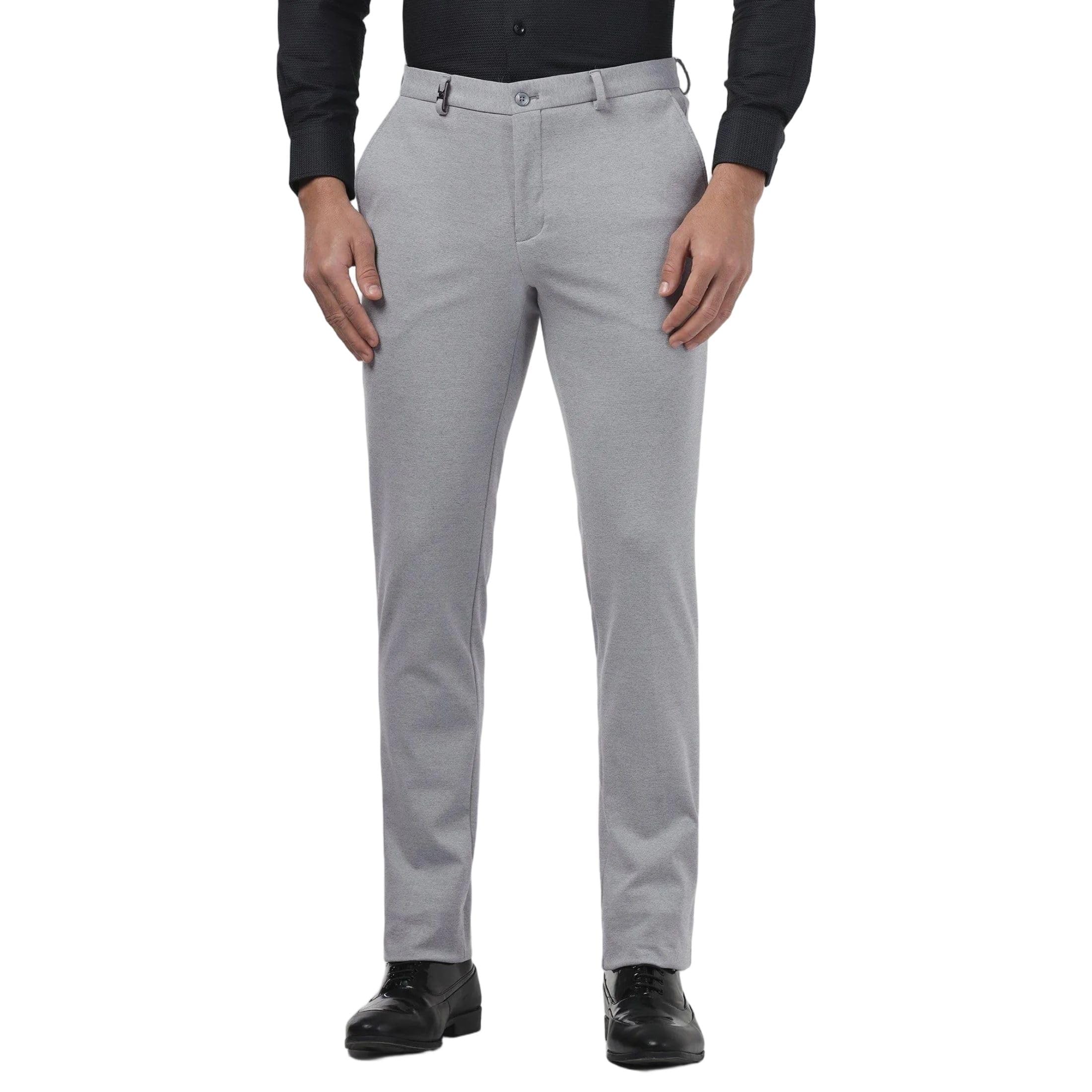 Men's Light Grey Polyester Blend Slim Formal Trousers-image-29