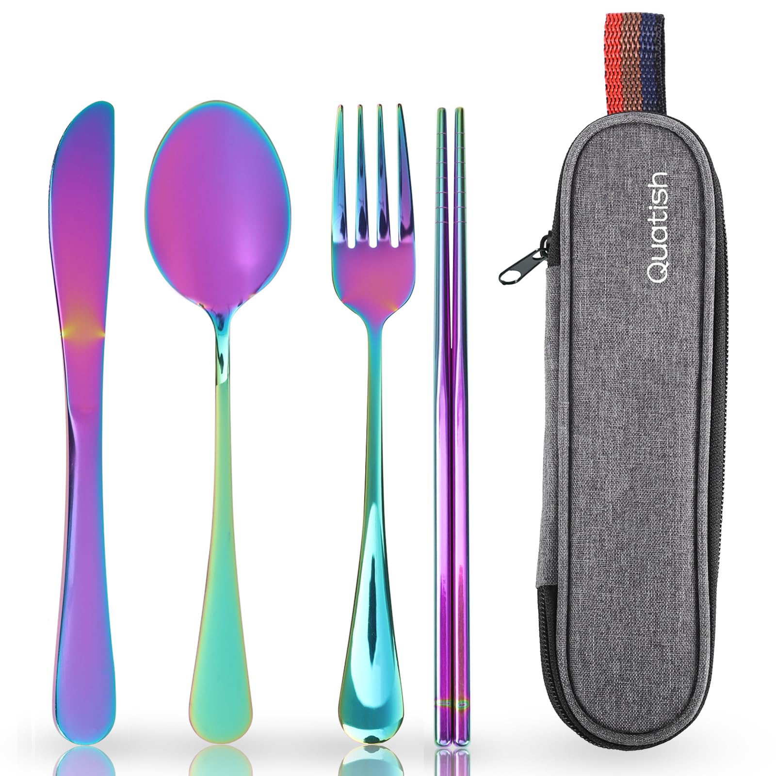 Travel Utensils with Case, Quatish Portable Silverware Set for Work, Stainless Steel Reusable Travel Cutlery Set, Fork and Spoon Set for Camping, Picnic, Gadgets, Lunch Box for Men, Rainbow