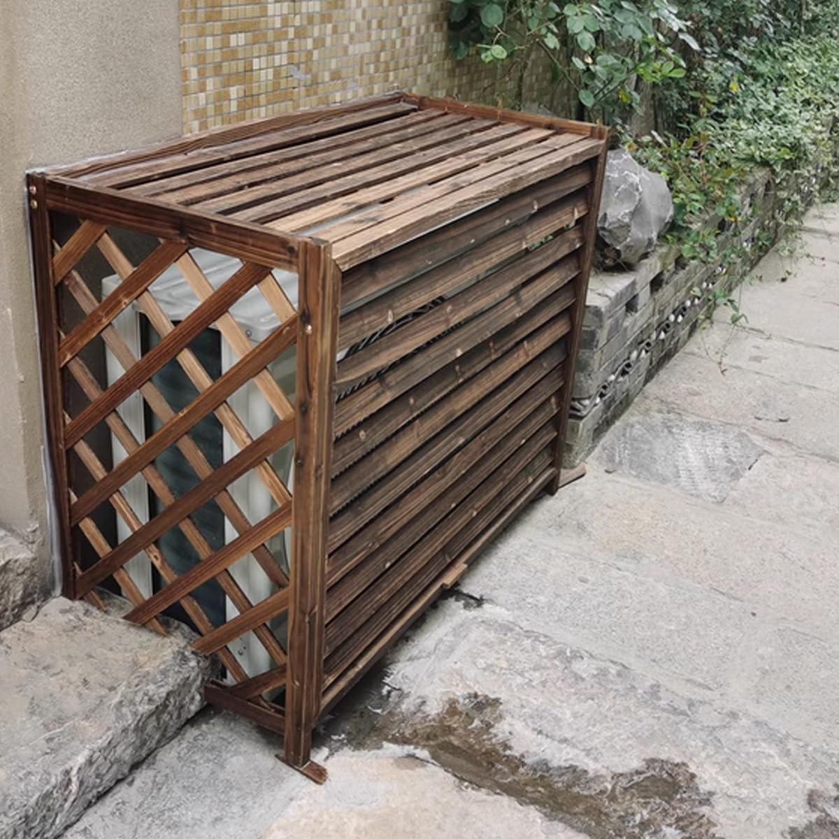 Osłona klimatyzatora zewnętrznego, drewniana obudowa pompy ciepła, dekoracja balkonu, osłona kosza, ochrona przed słońcem i deszczem, dł. 81 cm x szer. 32 cm x wys. 70 cm