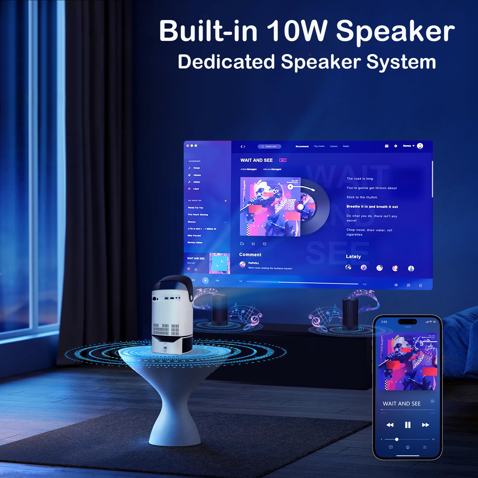 Proiettore 4K con WiFi e Bluetooth, proiettore portatile 600 ANSI con supporto pieghevole per camera da letto, proiettore di film all'aperto ultimo intervento compatibile per iPhone,