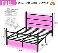 Vista 2 de Marco de cama Full Size con cabecero y piecero, soporte de listones de acero - Marco de cama LED con estación de carga USB, base de colchón