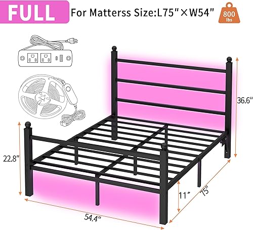 Miniatura 2 de Marco de cama Full Size con cabecero y piecero, soporte de listones de acero - Marco de cama LED con estación de carga USB, base de colchón -