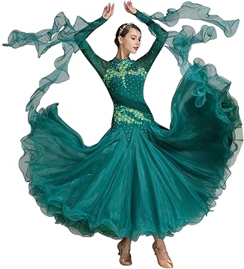 Women's Ballroom Dance Dress - Floral Rhinestone Professional Modern Waltz Competition Dress for Prom & Party