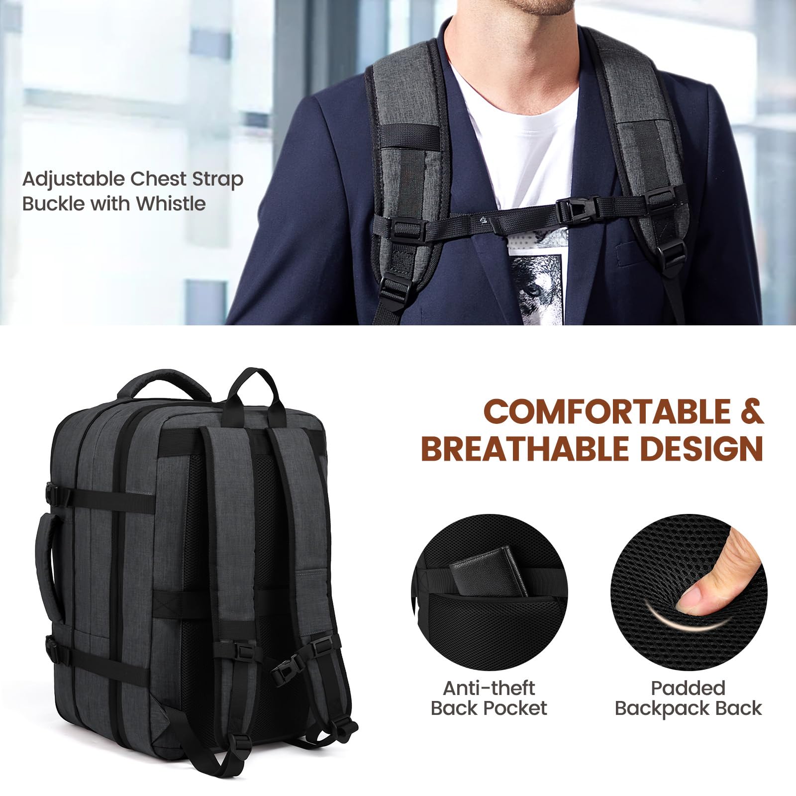 LOVEVOOK Zaino Bagaglio A Mano Per Easyjet 45x36x20 Ryanair Zaino Da Viaggio Per Aeroplano, Zaino Per 17 Pollici Laptop Grande Zaini Da Uomo Donna Per Viaggi Weekender, Grigio