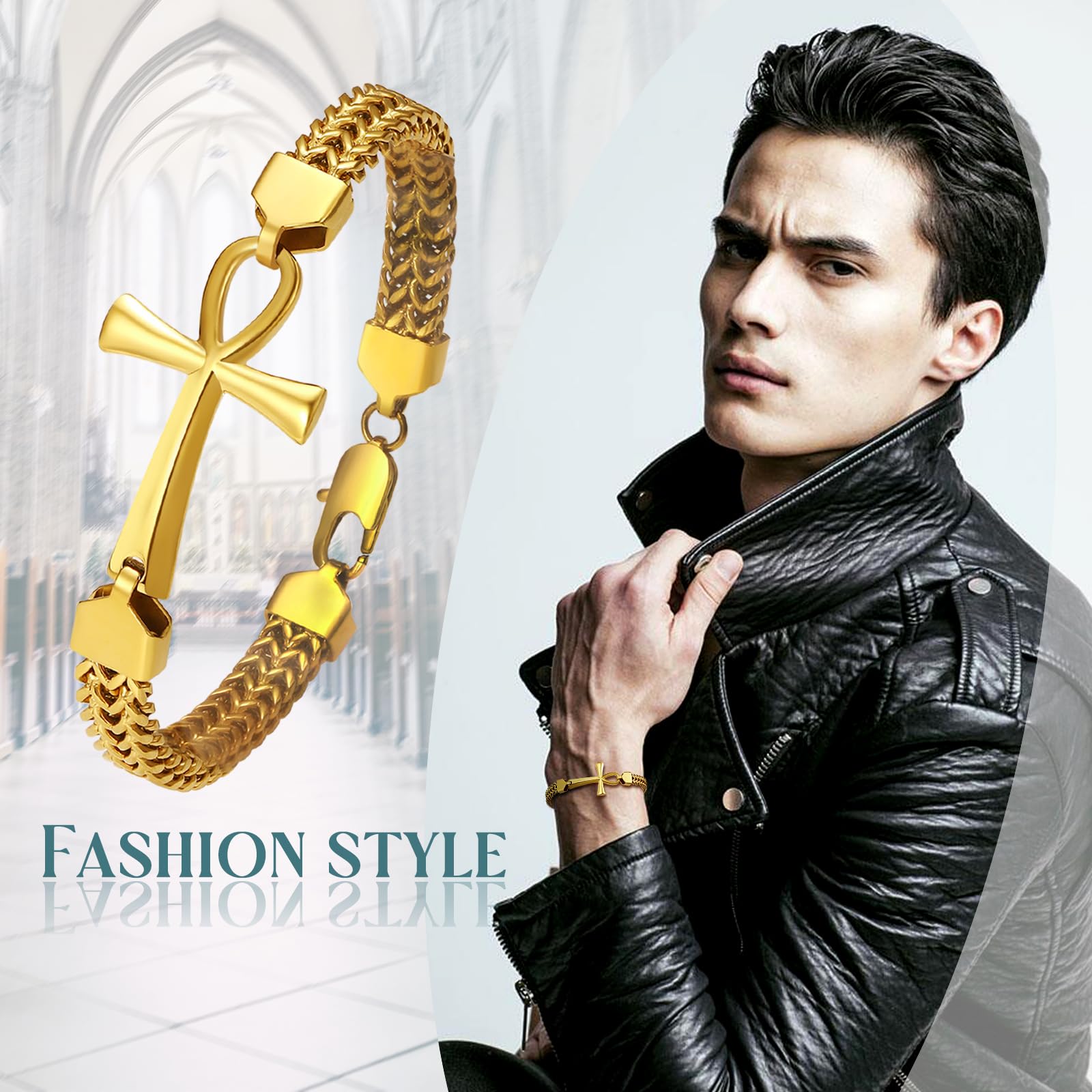 OIDEA Pulsera de cruz egipcia Ankh para hombre: doble fila trenzada de cadena Franco, llave de la vida, pulsera de acero inoxidable para hombre, amuleto de protección, regalo de joyería