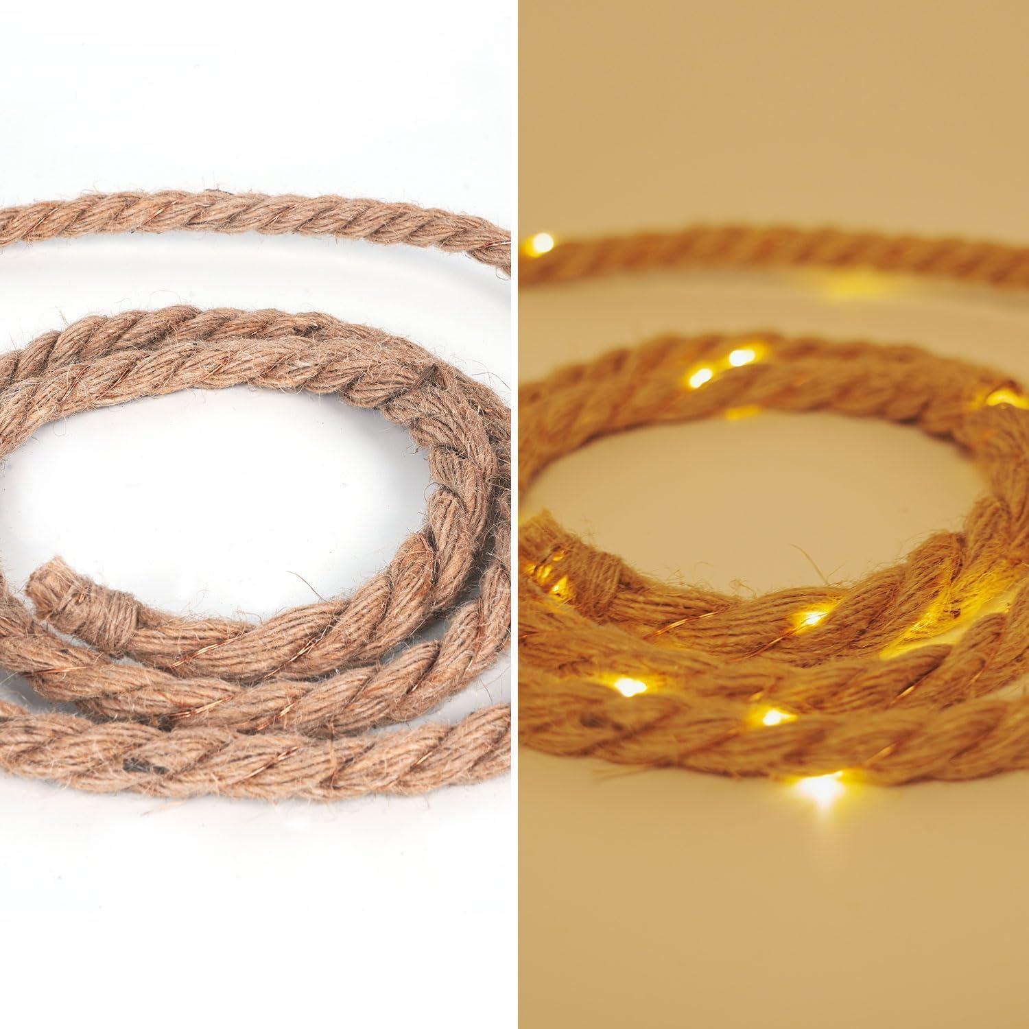 gresonic corde chanvre Guirlande lumineuse LED 80LED 6m de long avec minuterie et prise coton naturel Cordon en jute Couleur blanc chaud Décoration de jardin Éclairage intérieur Décoration de Noël