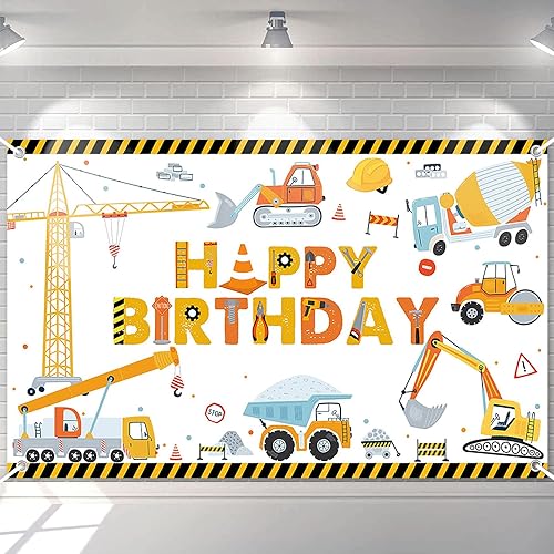 Avezano Telón de fondo de cumpleaños de construcción amarillo, pancarta de feliz cumpleaños, decoración de cumpleaños de excavadora, 70.8 x 43.3