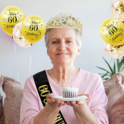 Miniatura 4 de SKJIAYEE Decoraciones de cumpleaños número 60 para mujer, banda dorada negra "60 y fabulosa" y corona dorada con purpurina 60 y globos de cumpleaños