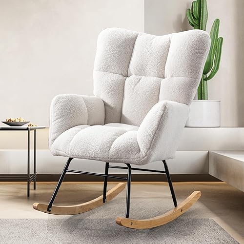 SoarFlash Mecedora de tela de peluche, sillón mecedor tapizado con respaldo alto, silla mecedora moderna para guardería, sala de estar, dormitorio
