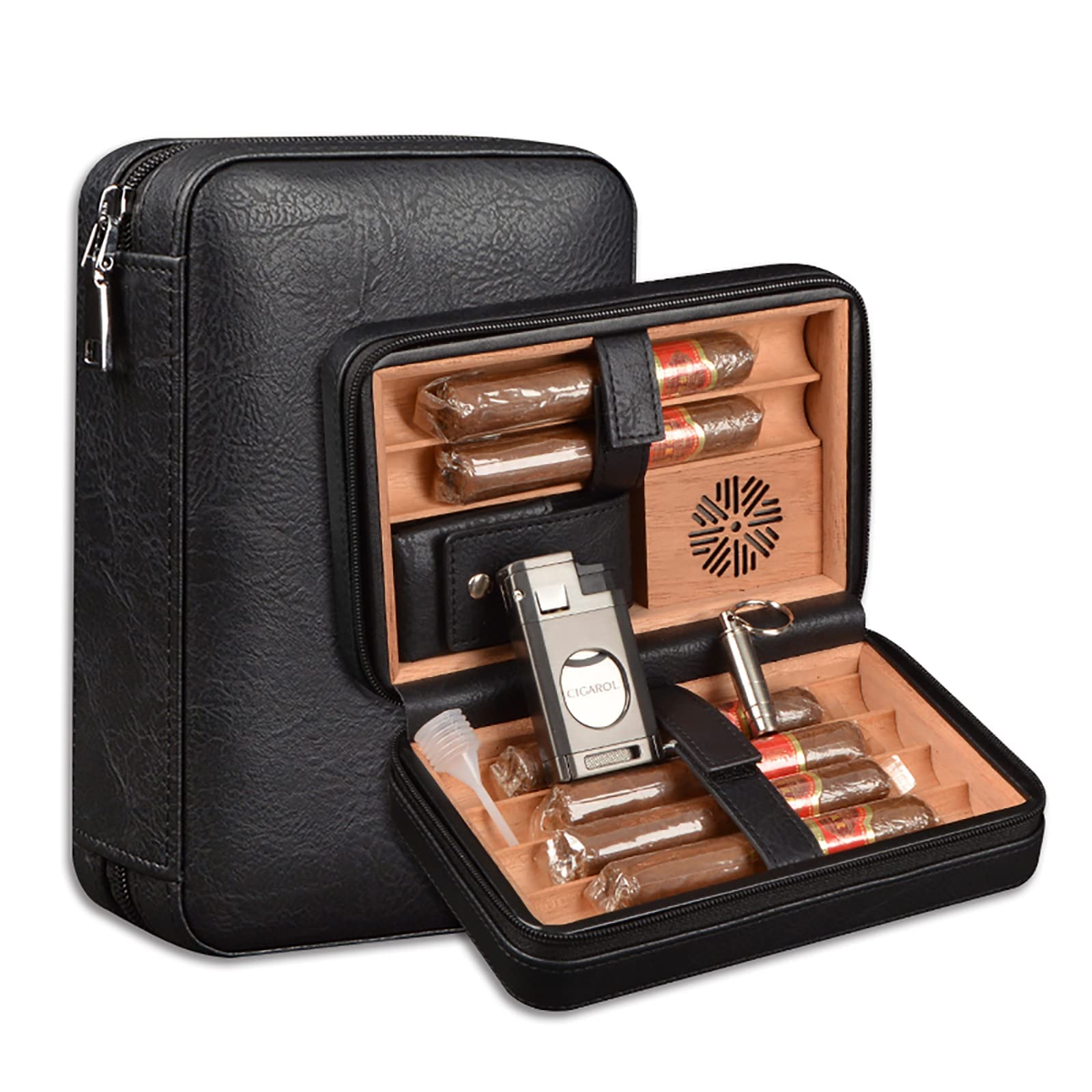 Leder Zigarren Humidor Set mit 3-in-1 Zigarrenfeuerzeug & Befeuchter, Tragbare Reise Leder Zigarrenetui für 6 Zigarren, Locher Zubehör, Geschenk für Weihnachten (Schwarz)