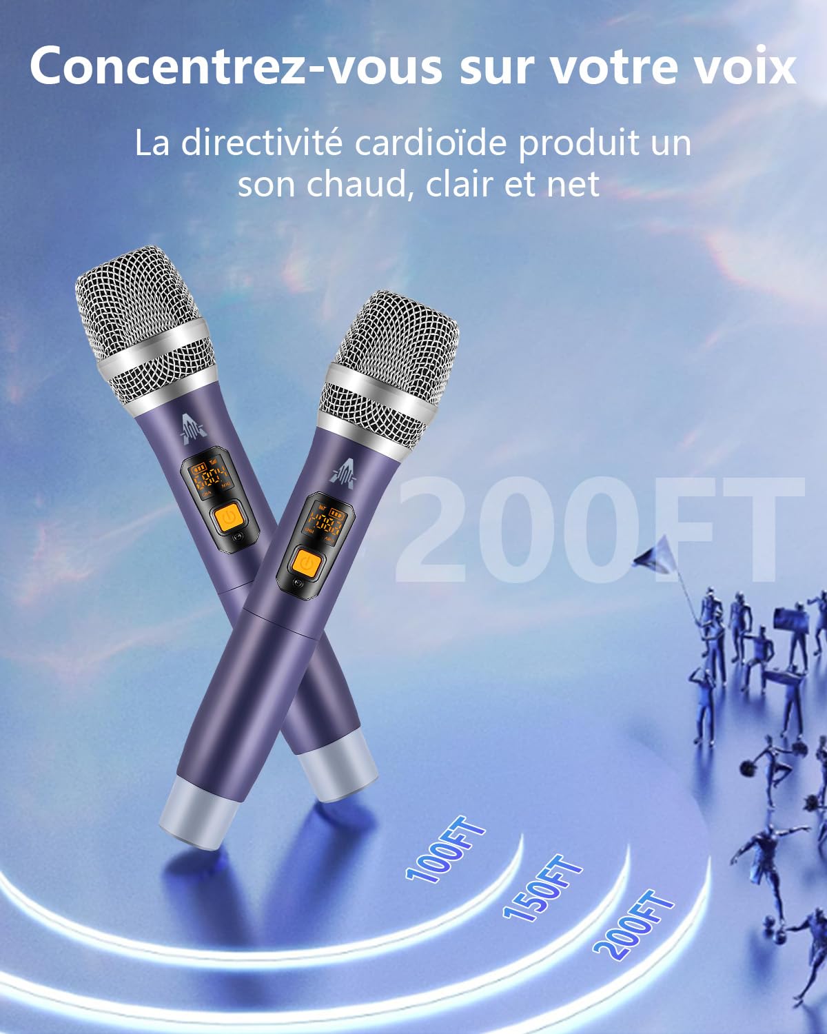 Microphone sans fil, UHF Metal Dual Handheld Dynamic Mic System avec récepteur rechargeable (40H Duration, 200 ft Range) pour le chant, le karaoké, l'église, le discours, le mariage, la fête...