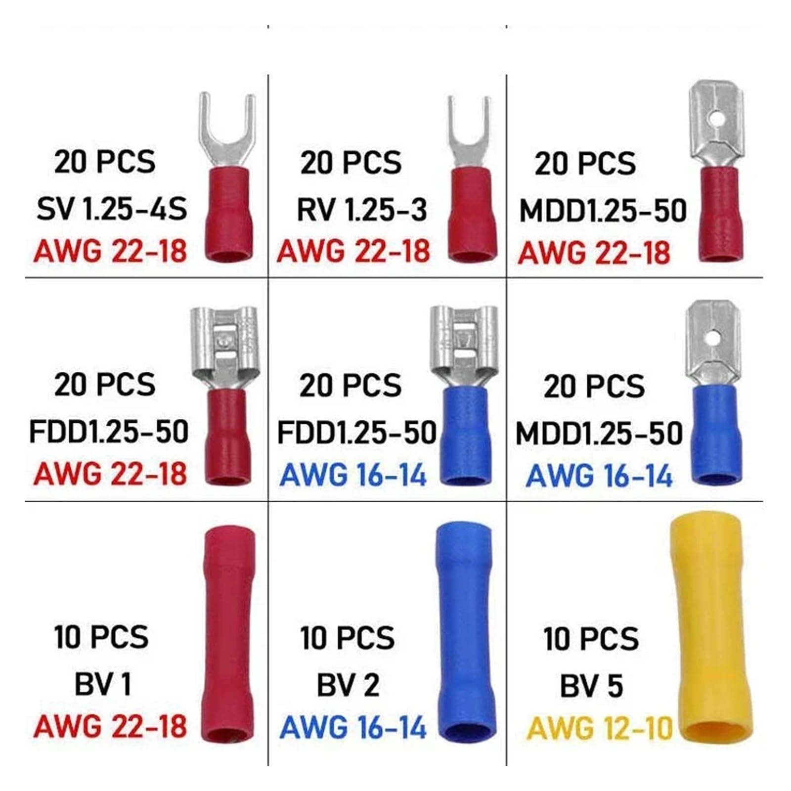 Cosse à sertir électrique, Kit de bornes isolées avec connecteurs Bout à Bout à Anneau de Fourche for Fils 16-14AWG, Paquet de 300