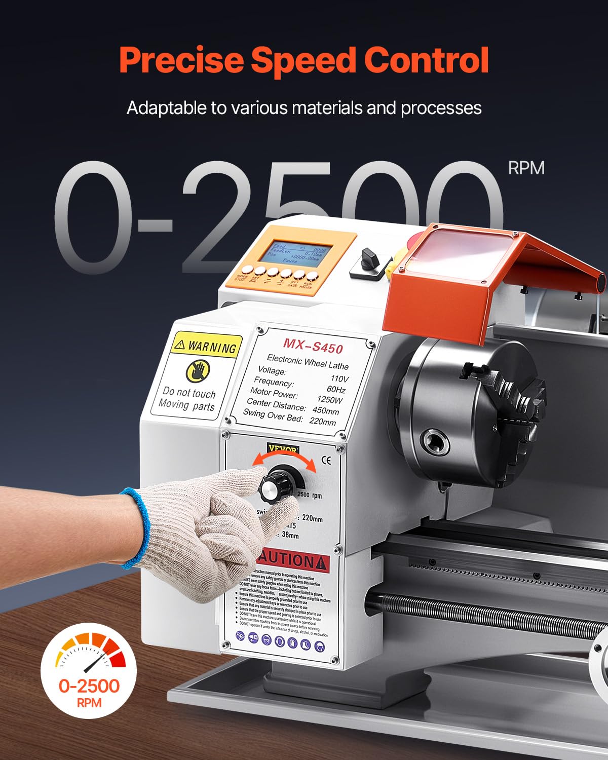 VEVOR Metalldrehmaschine 220x450 mm Tischdrehmaschine Automatischer Vorschub 2500 U/min Drehzahl 1250 W Bürstenloser Motor, mit Zubehör, Drehmaschine für die Bearbeitung von Präzisionsteilen