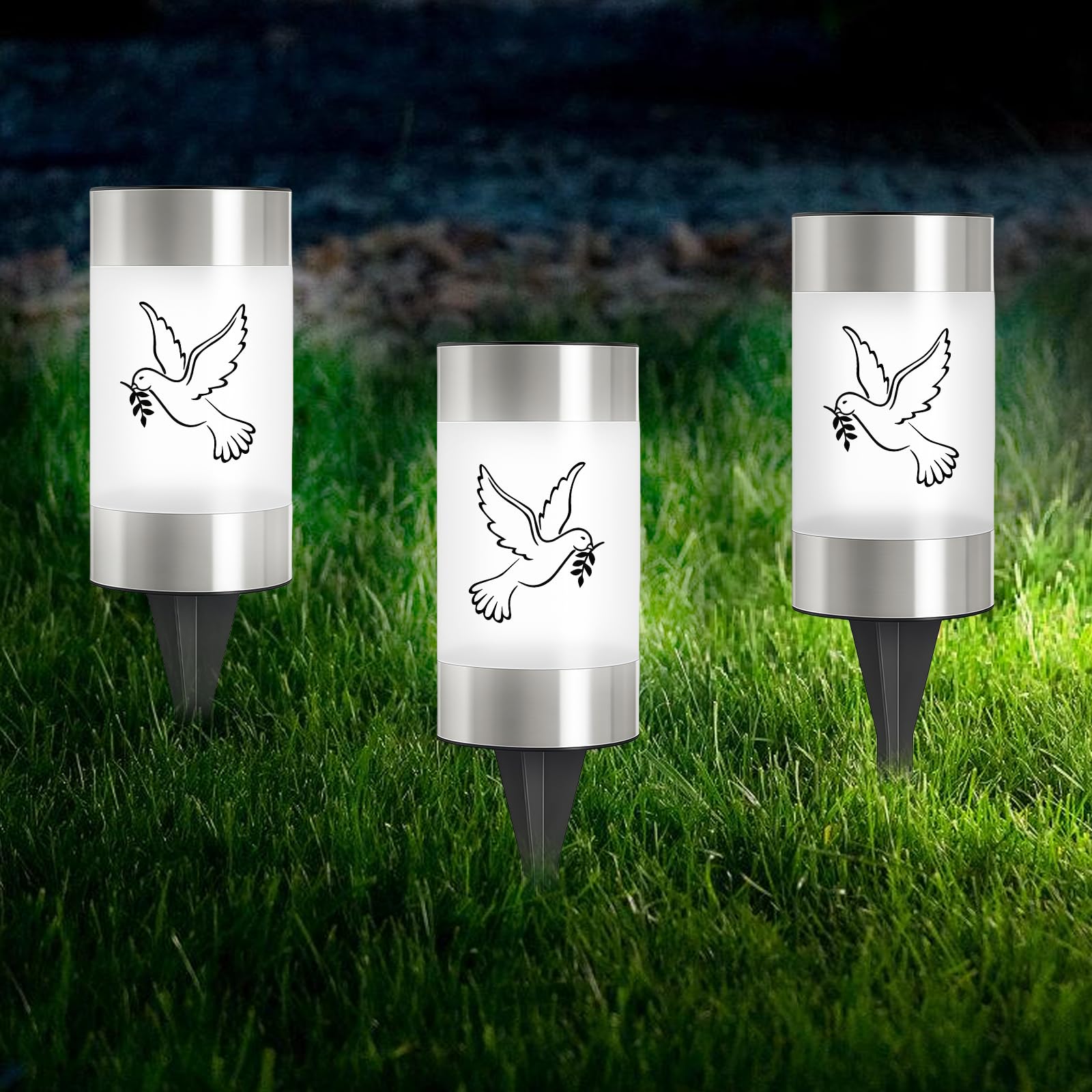 WIYETY Pack of 3 Solar Grave Lights: Solar LED Grave Light with Ground Spike and 3 Dove Stickers, Waterproof Outdoor Cemetery Candle IP55 Grave Light Solar Candles Outdoor for Outdoor Use