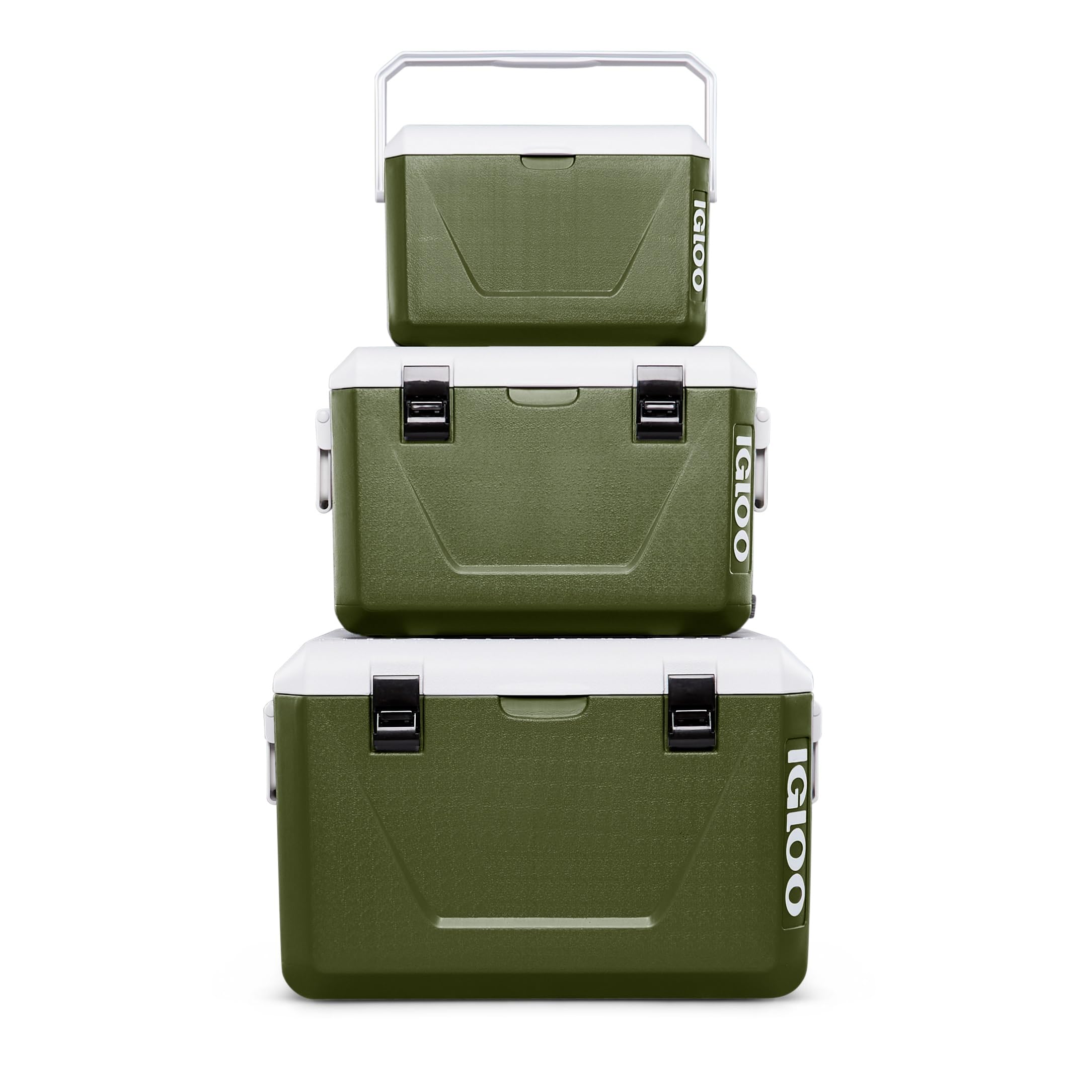 IGLOO Set di ghiacciaie passive impilabili 55 L + 27 L + 11 L – Contenitori termici leggeri & resistenti per campeggio, spiaggia & outdoor – Design salvaspazio impilabile, Verde