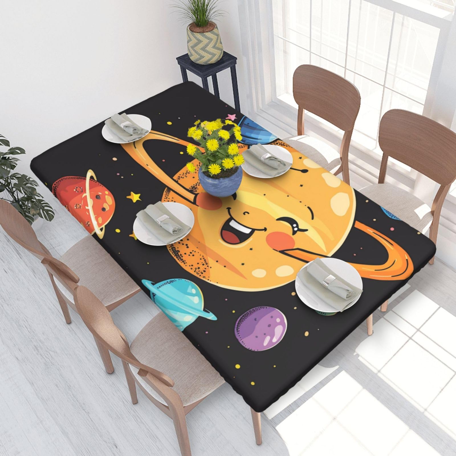 DCARSETCV Cute Planet Printed 4FT Waterproof Tablecloth with Elastic Edged Protect & Decor Your Table, Oil-proof Washable Table Cloth Cover for Dinner Picnic Party