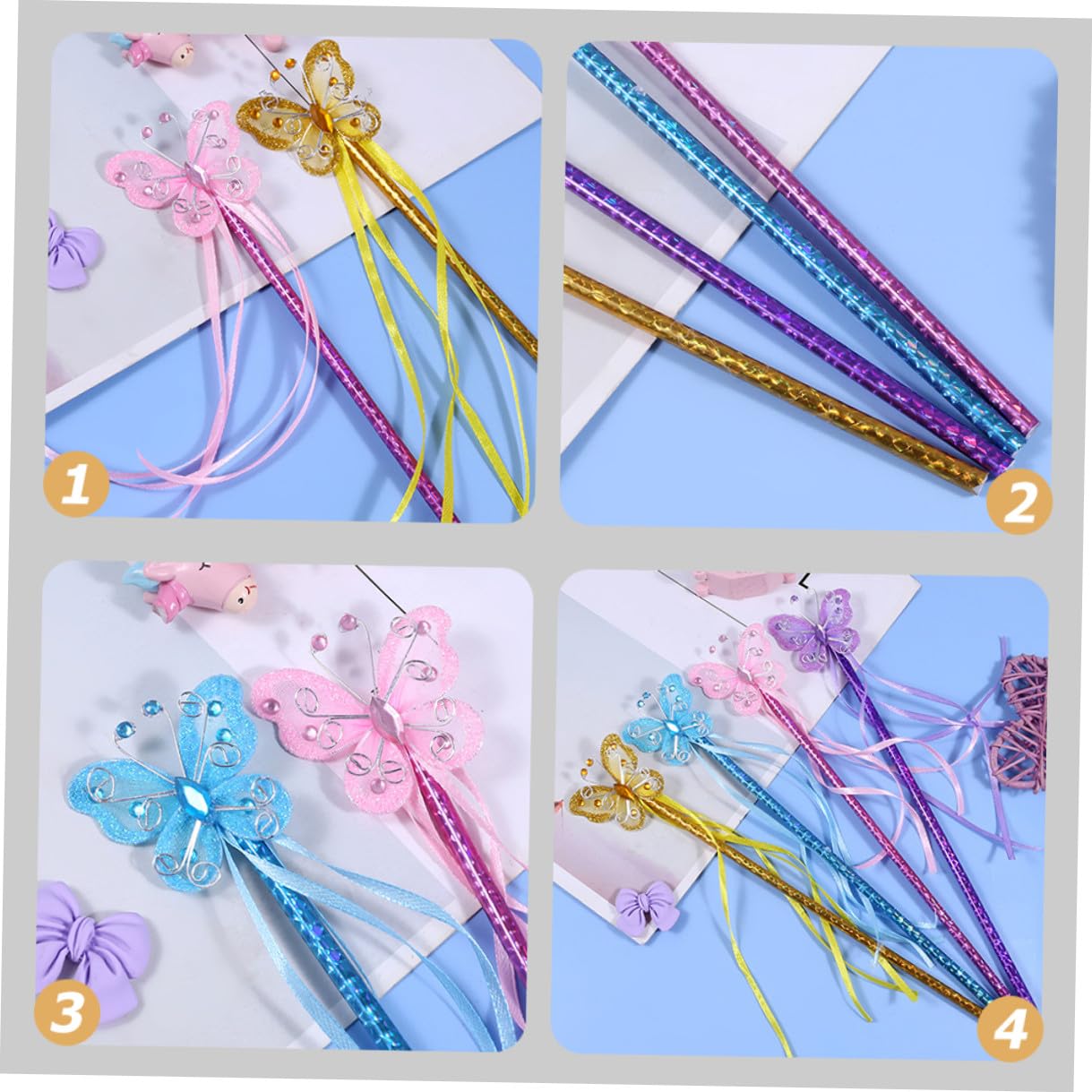 Bacchetta da Fata Farfalle 4 Pezzi in Pvc per Bambina | Luminosa, Farfalle Decorative, Filo in Ferro, Finitura Elegante e Creativa