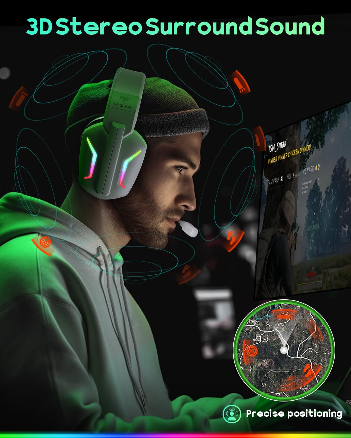 Słuchawki gamingowe bezprzewodowe WESEARY do PS5, PS4, PC, Mac, Switch, tryb dual-mode, niskie opóźnienie (2,4 GHz USB/typ C) i Bluetooth, słuchawki gamingowe z mikrofonem ENC