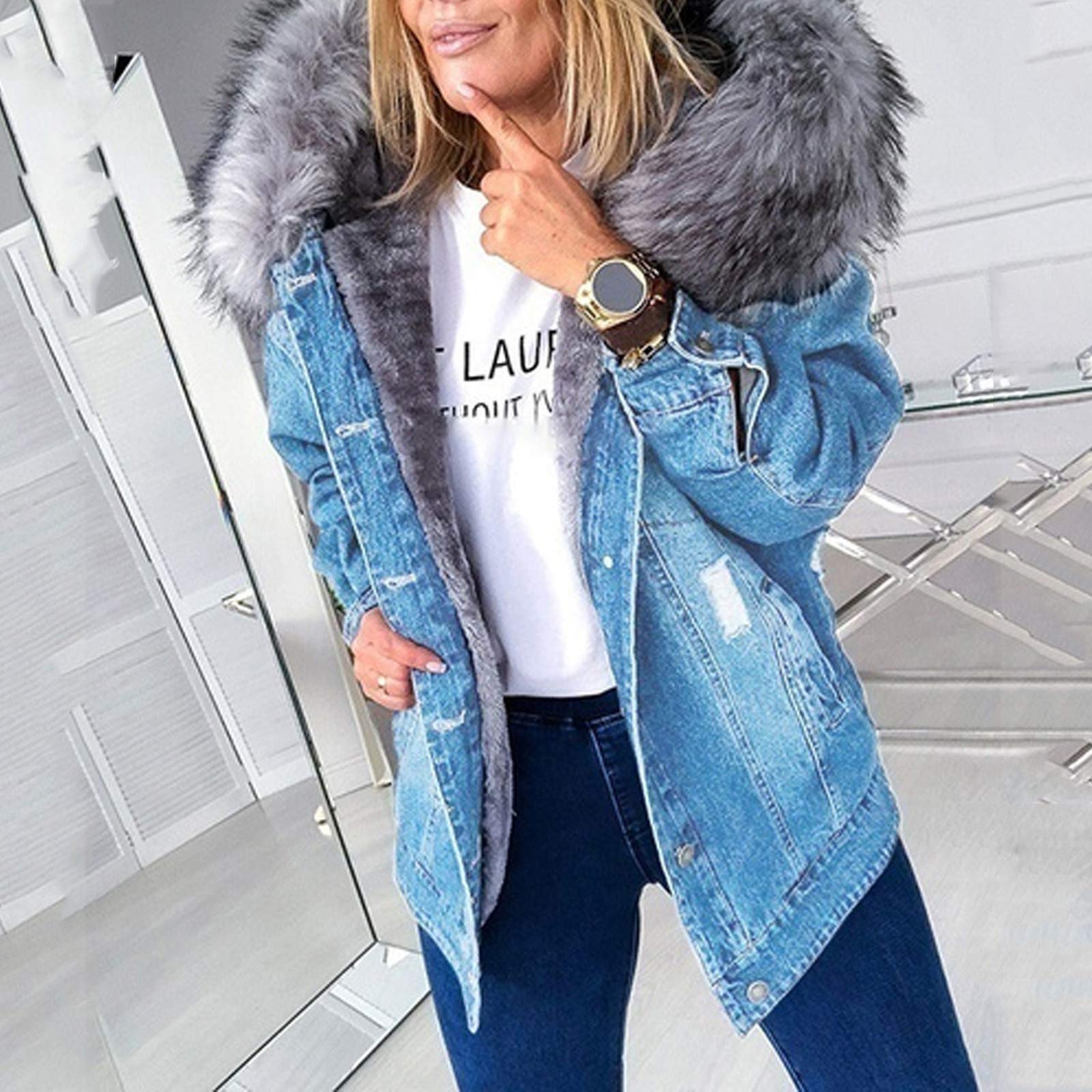 Chaqueta de invierno para mujer con forro cálido, chaqueta vaquera ligera con capucha de pelo, chaqueta deportiva para exteriores, chaqueta con capucha, chaqueta con capucha, parka para mujer,
