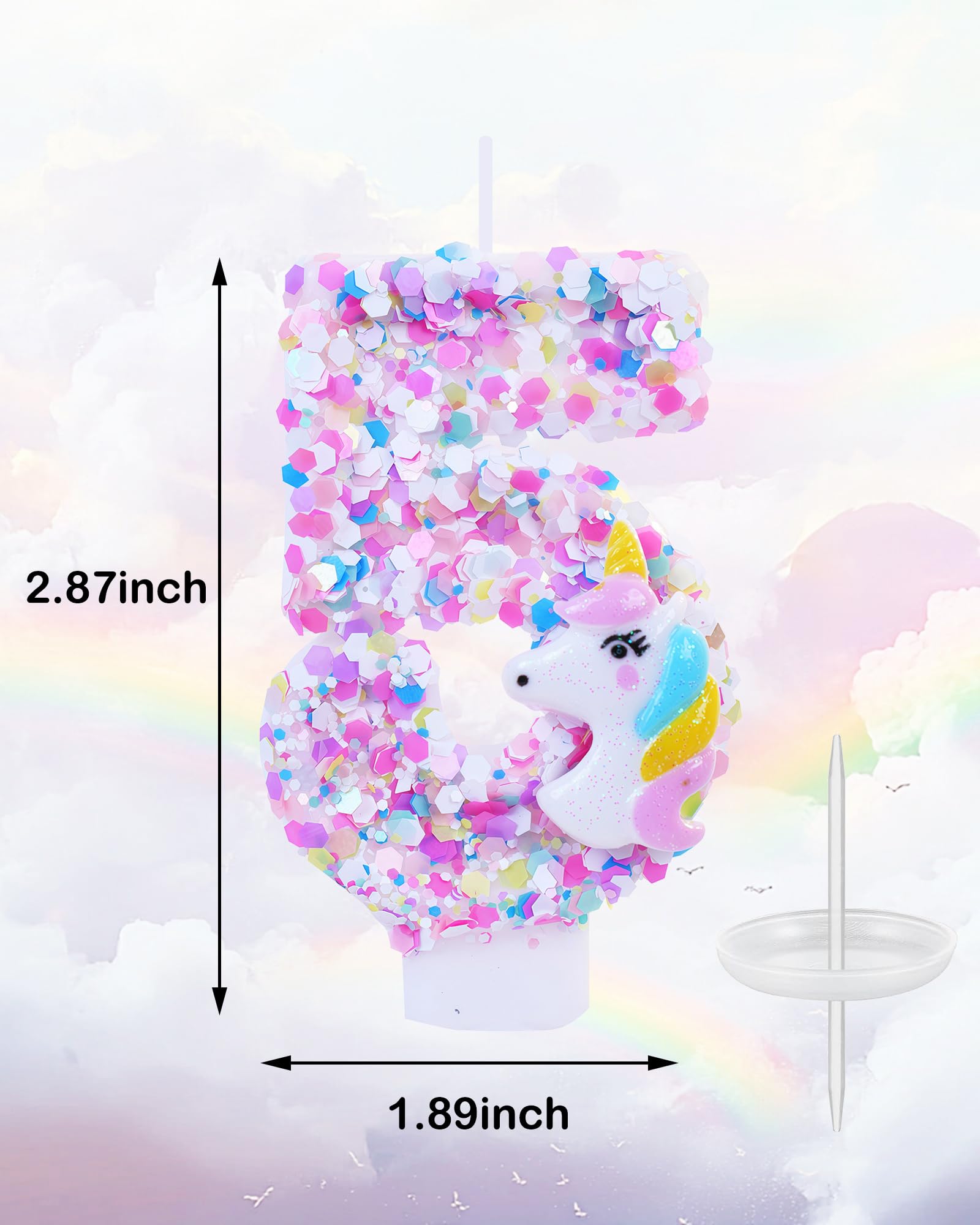 Bougies d'anniversaire sur le thème de la licorne, numéro 5 de dessin animé, décorations d'anniversaire pour fille, décorations de gâteau de 7,3 cm (thème licorne, numéro 5)